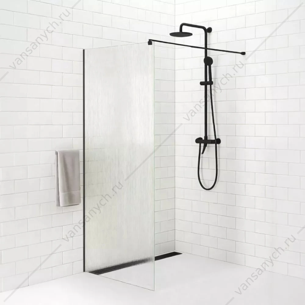 Душевая перегородка 70х200 рифленое стекло 8мм Comforty Walk-in CF5C916B 700, черный профиль