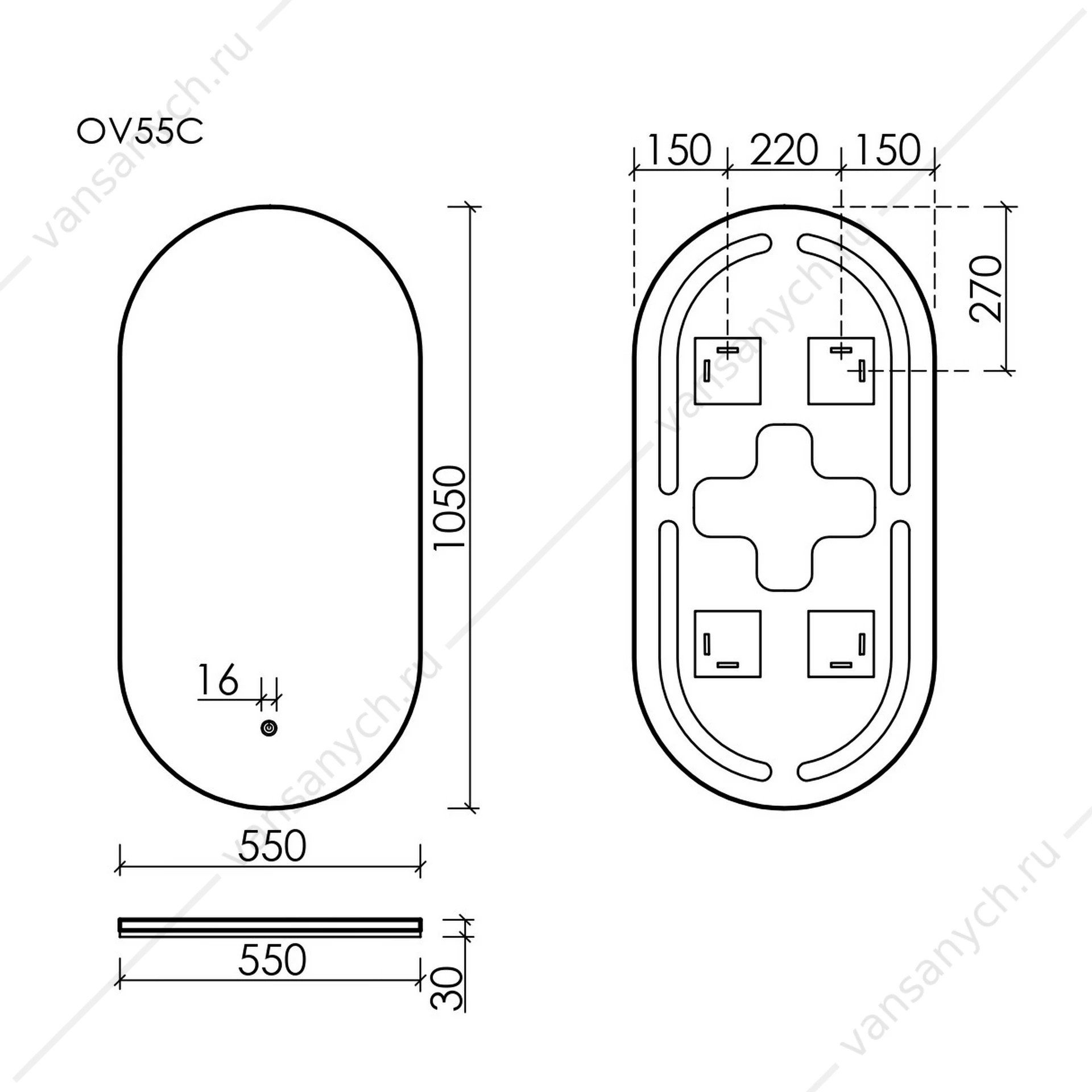 Зеркало 55 овальное SANCOS Oval 55х90 с подсветкой, сенсор, OV55C