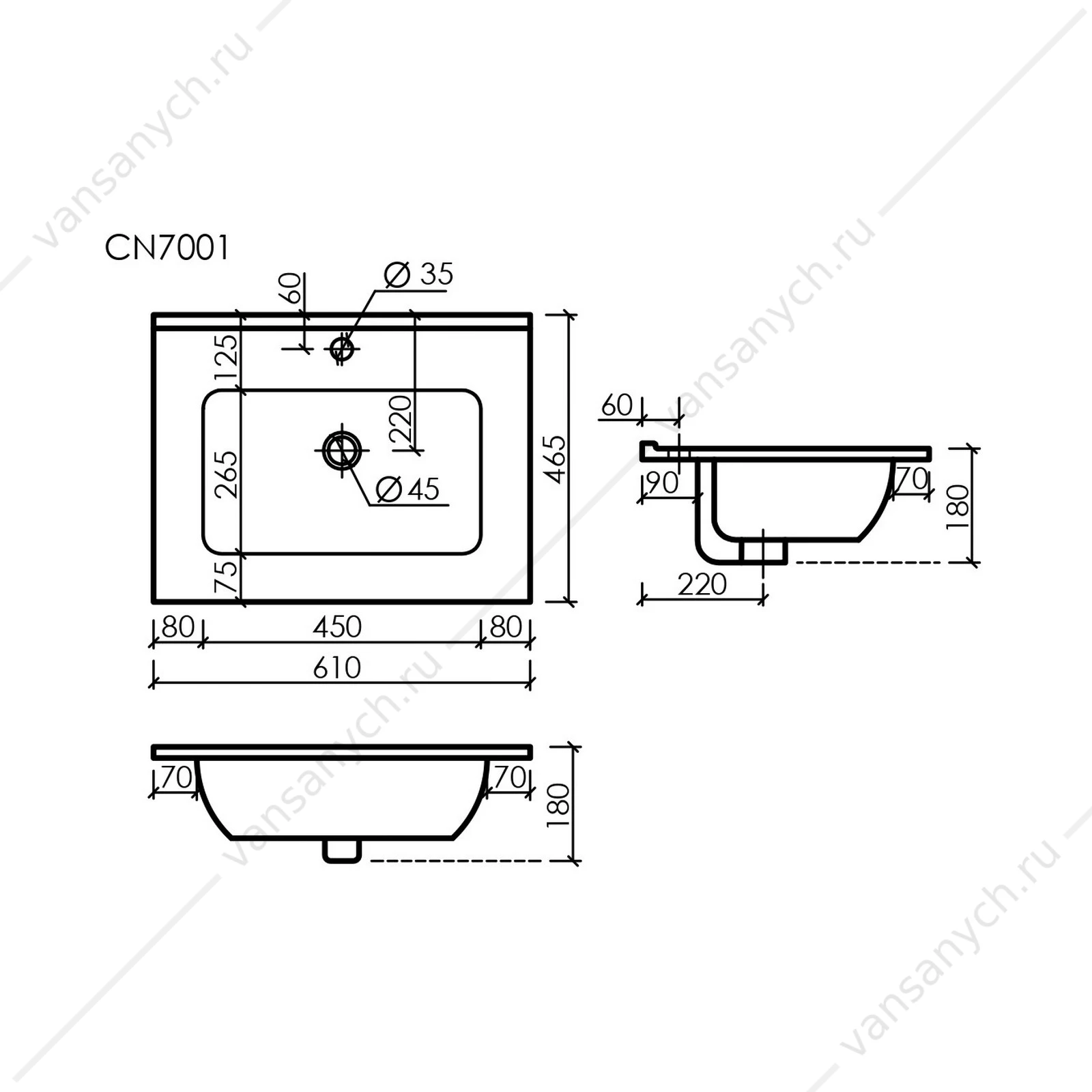Раковина мебельная 61 SANCOS ELEMENT 61х18 Черный матовый CN7001MB