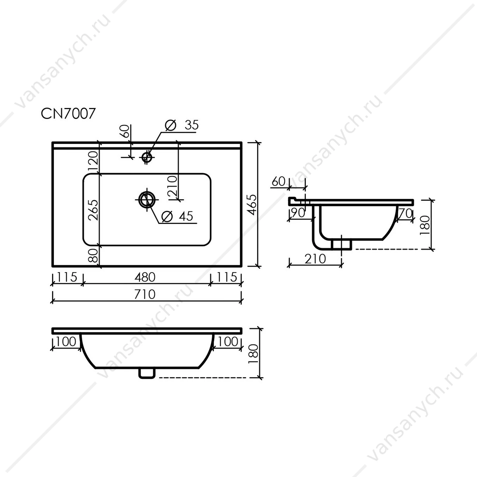 Раковина мебельная 71 SANCOS ELEMENT 71х18 Черный матовый CN7007MB