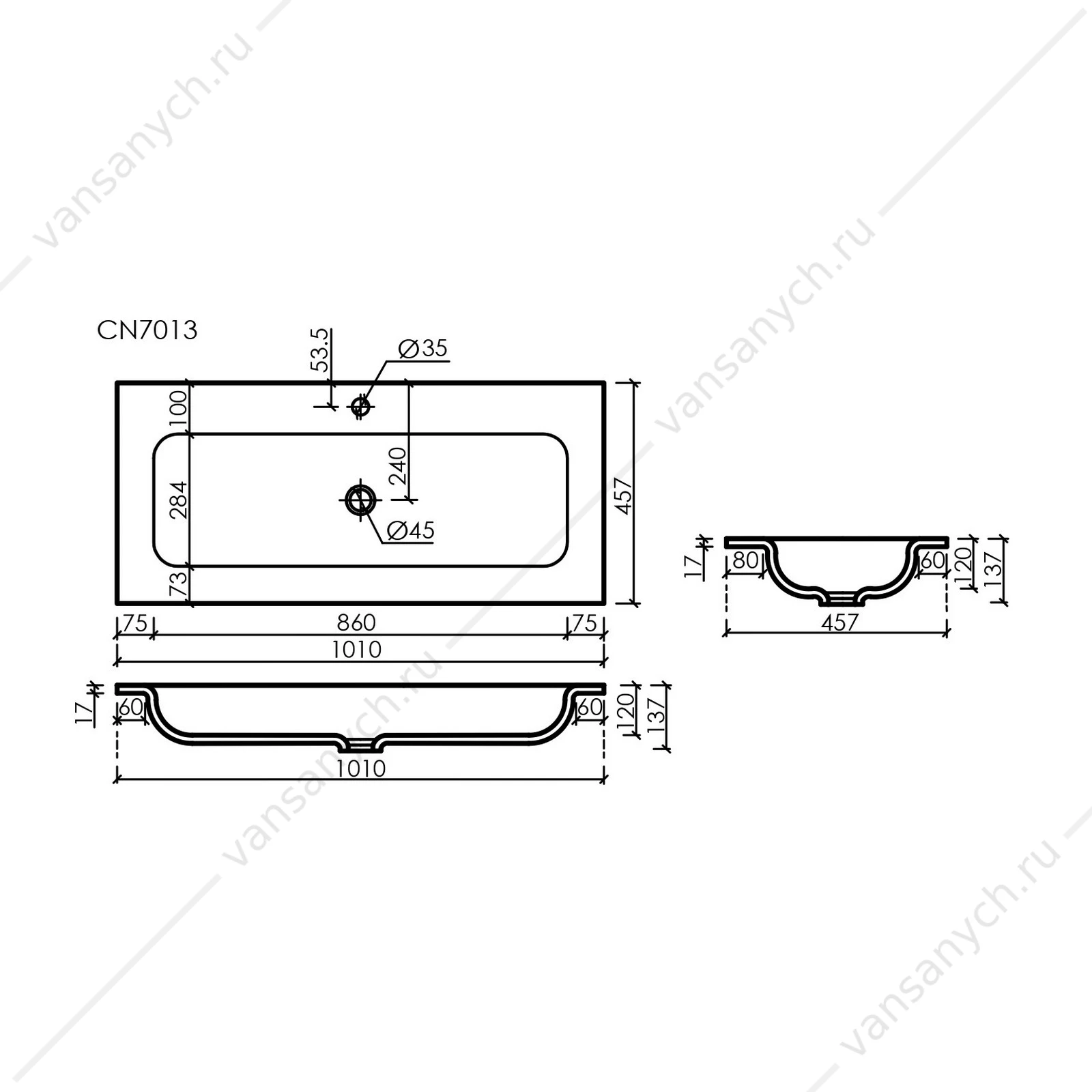 Раковина мебельная 101 SANCOS GRACE 101х13, 7 Белый CN7013