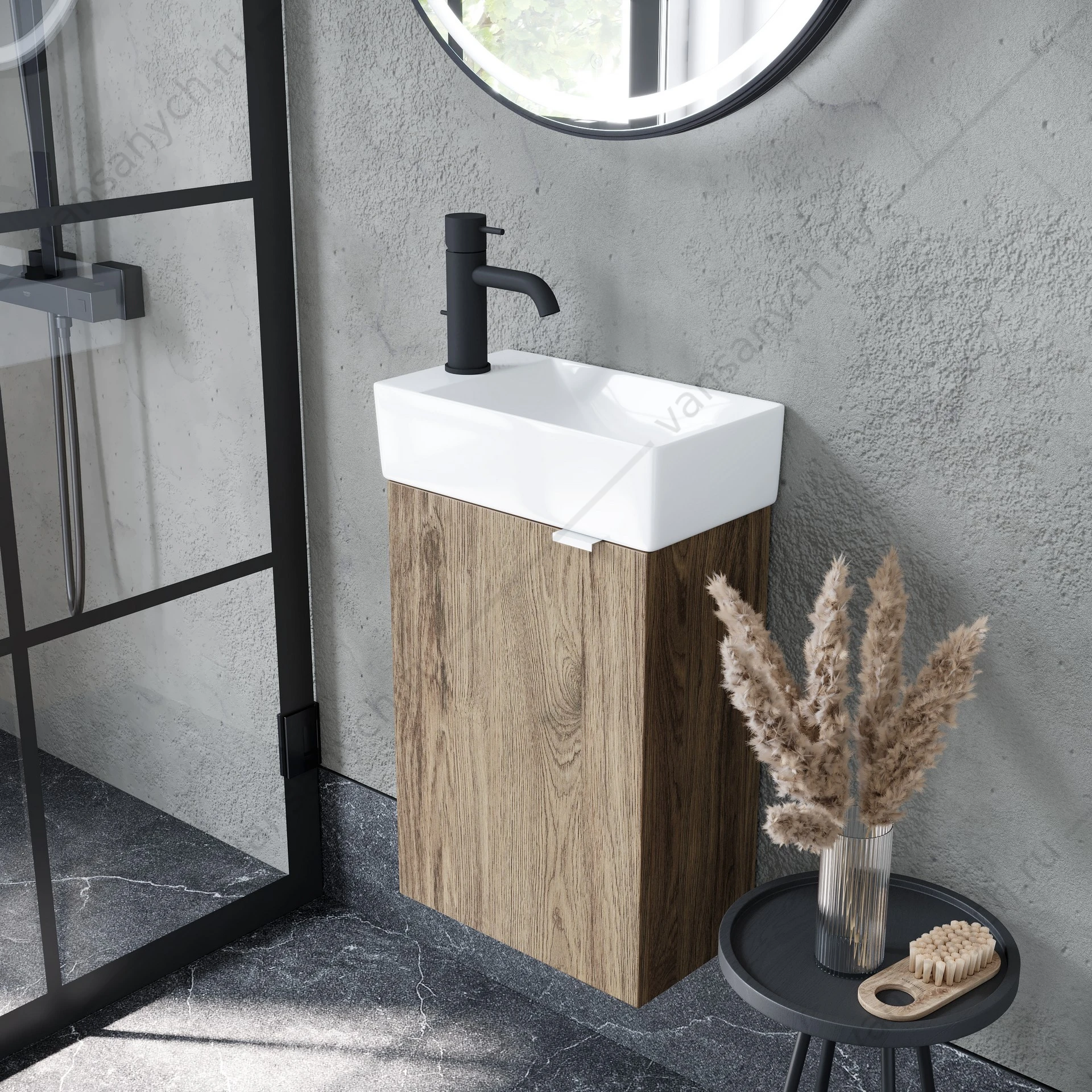 Тумба под раковину 36 подвесная SANCOS Mini 35,5х50 Дуб чарльстон L (ЛЕВАЯ) MN35ECHL