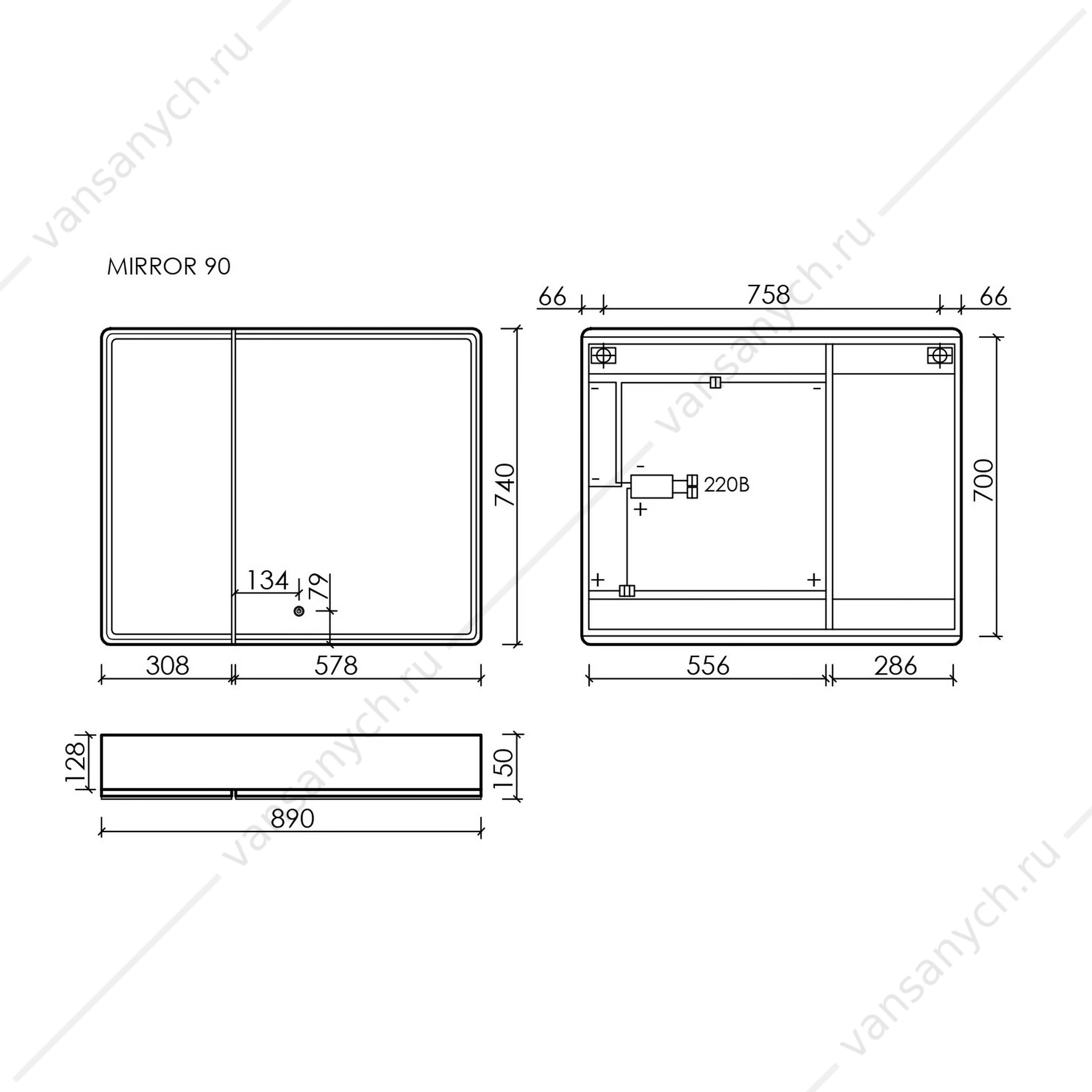 Зеркальный шкаф 89 SANCOS Mirror 89х74 Дуб чарльстон L, R, с подсветкой, сенсор, MI90ECH