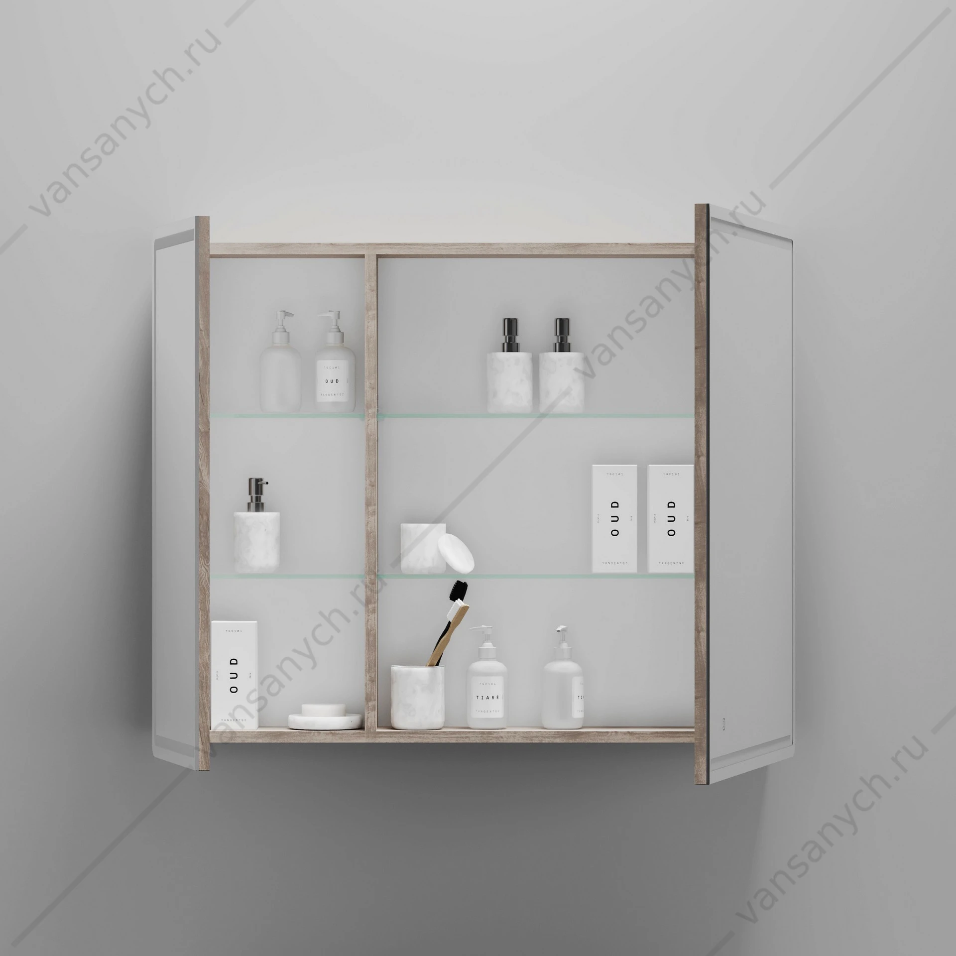 Зеркальный шкаф 89 SANCOS Mirror 89х74 Дуб галифакс натуральный L, R, с подсветкой, сенсор, MI90EG