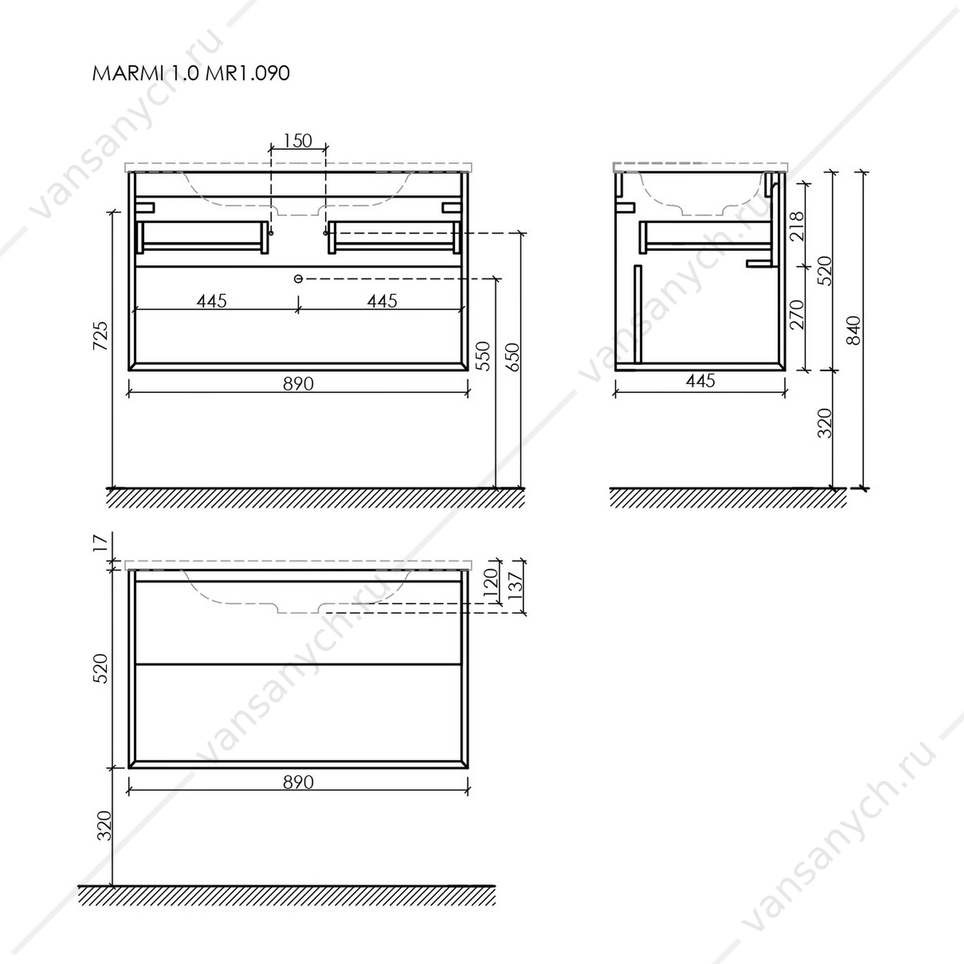 Тумба под раковину 90 подвесная SANCOS Marmi 1.0 89х52 Дуб чарльстон MR1.090ECH