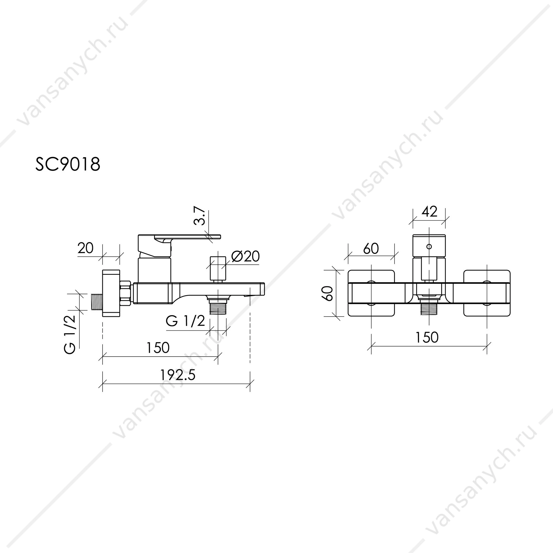 Смеситель для ванны Sancos Studio SC9018GG настенный вороненая сталь