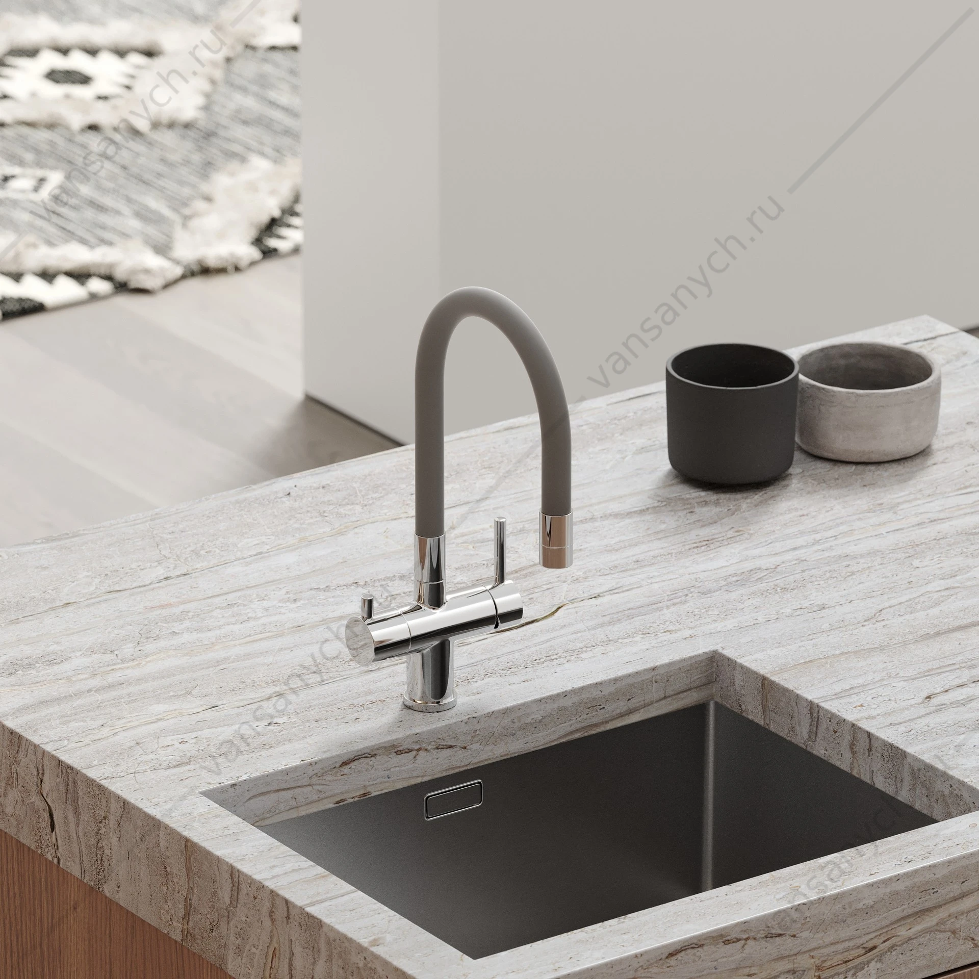 Смеситель с гибким изливом, под фильтр питьевой воды Sancos Lucia SC4004CH хром/серый