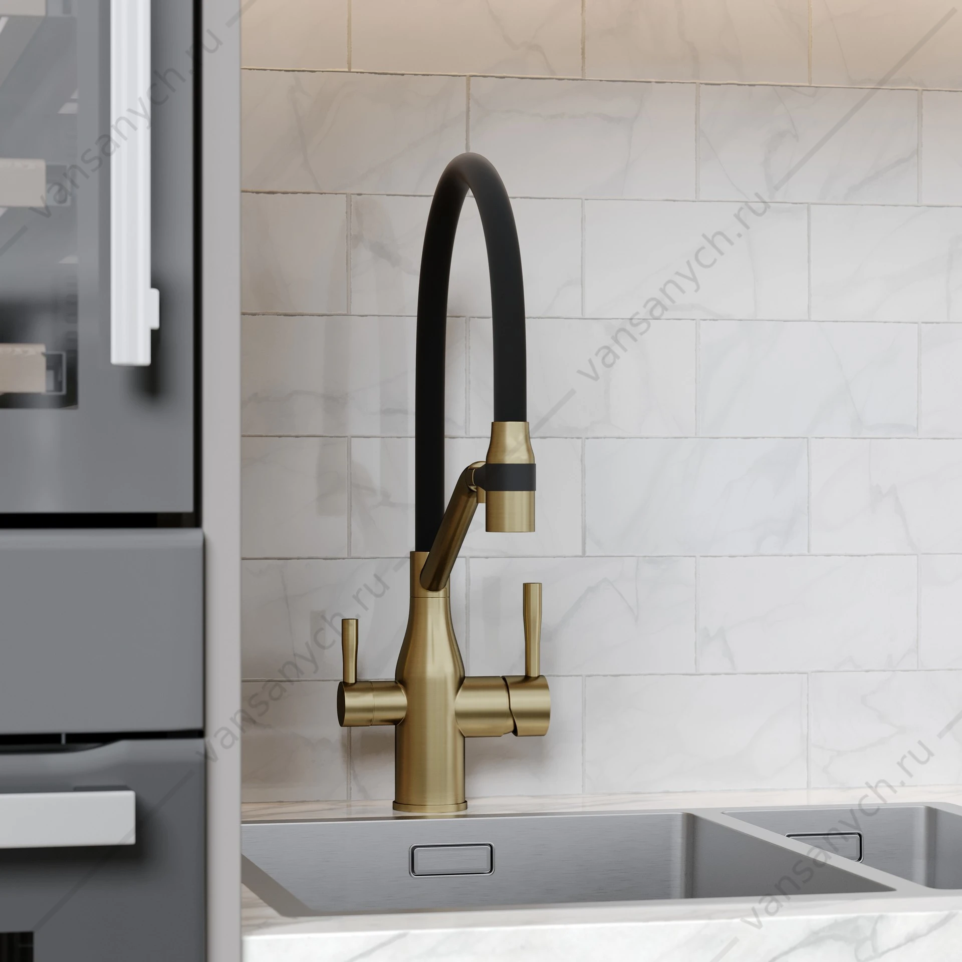 Смеситель с гибким изливом, под фильтр питьевой воды Sancos Orta SC4008BG брашир. золото/черный
