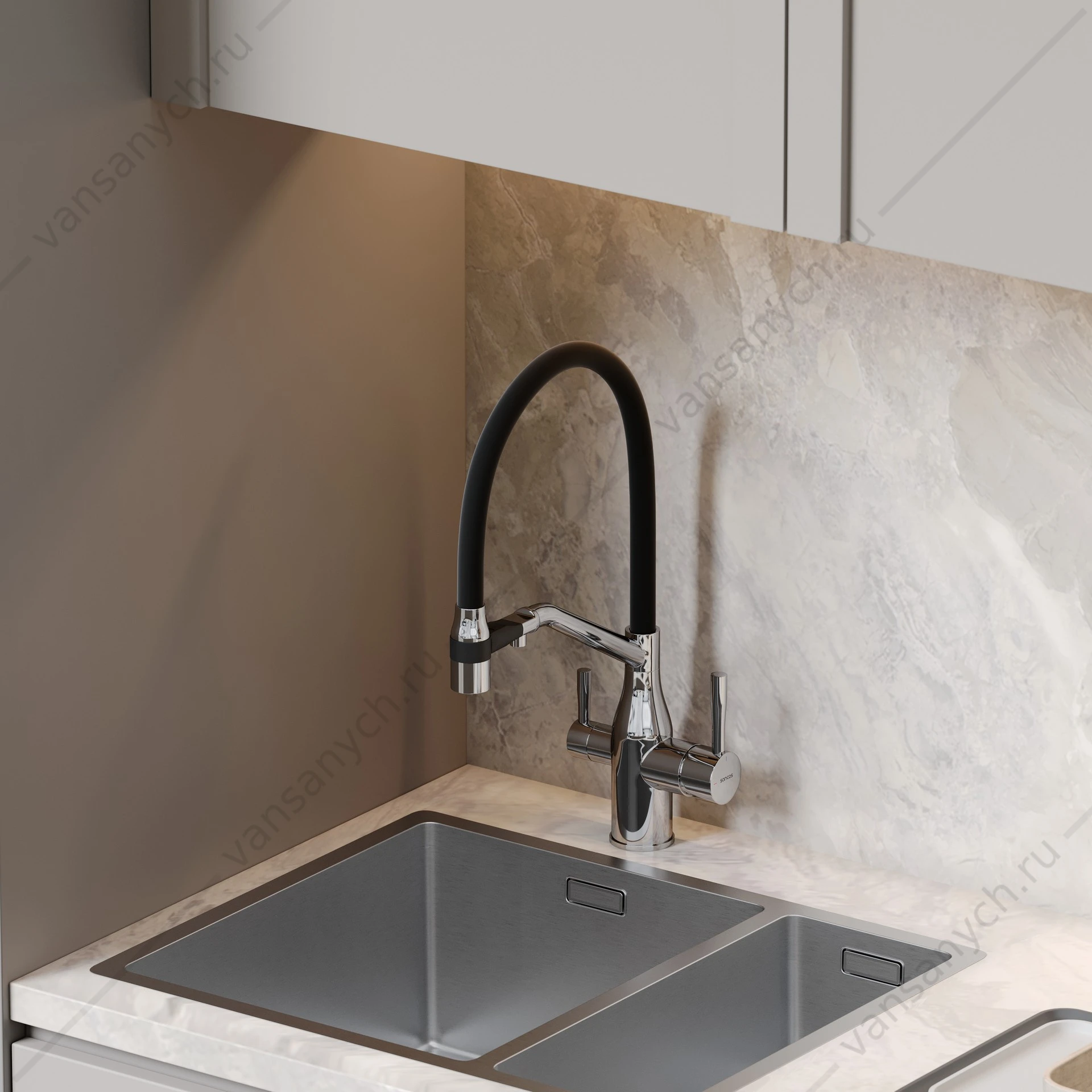 Смеситель с гибким изливом, под фильтр питьевой воды Sancos Orta SC4008CH хром/черный
