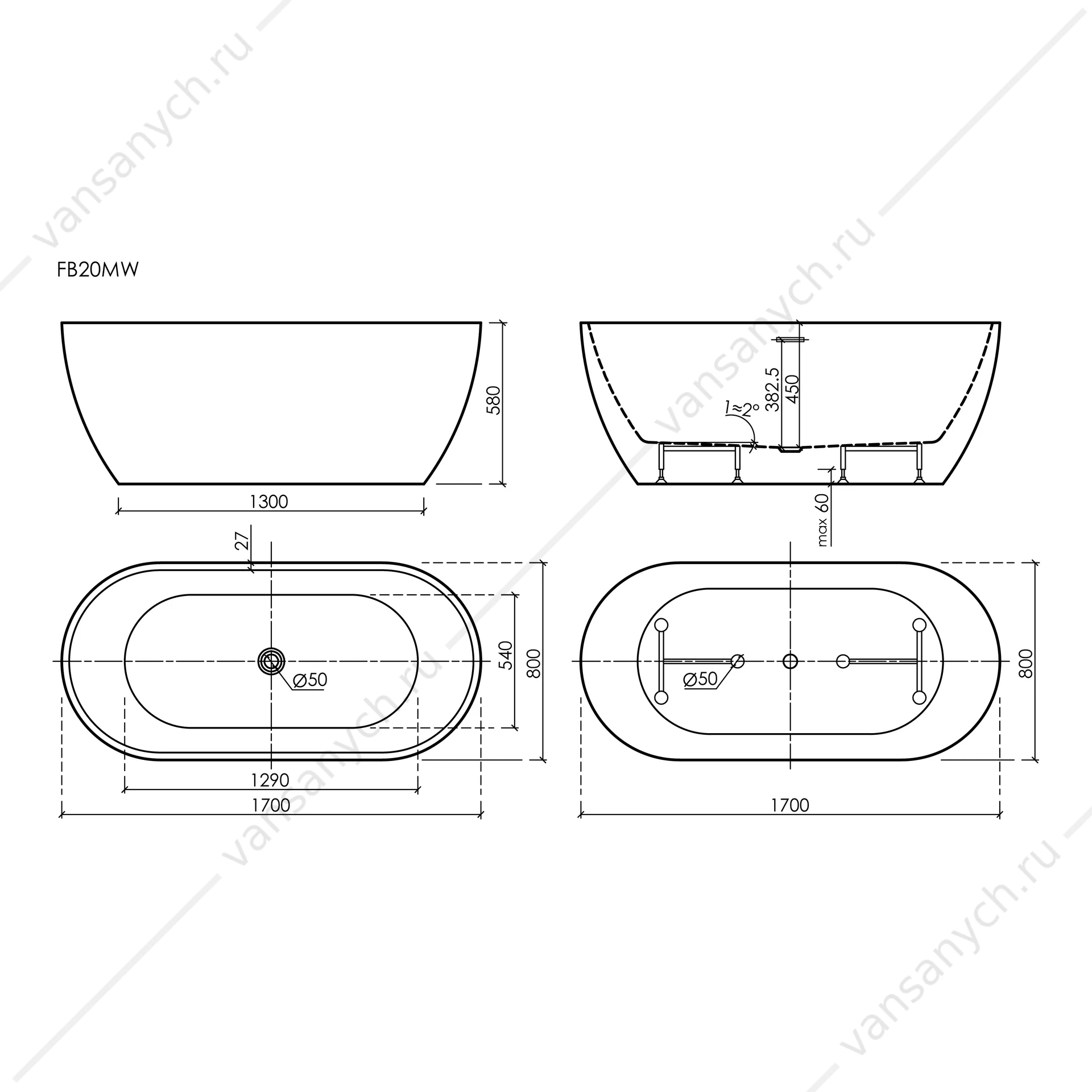 Ванна 170x80 Sancos Leaf FB20MW отдельностоящая овальная