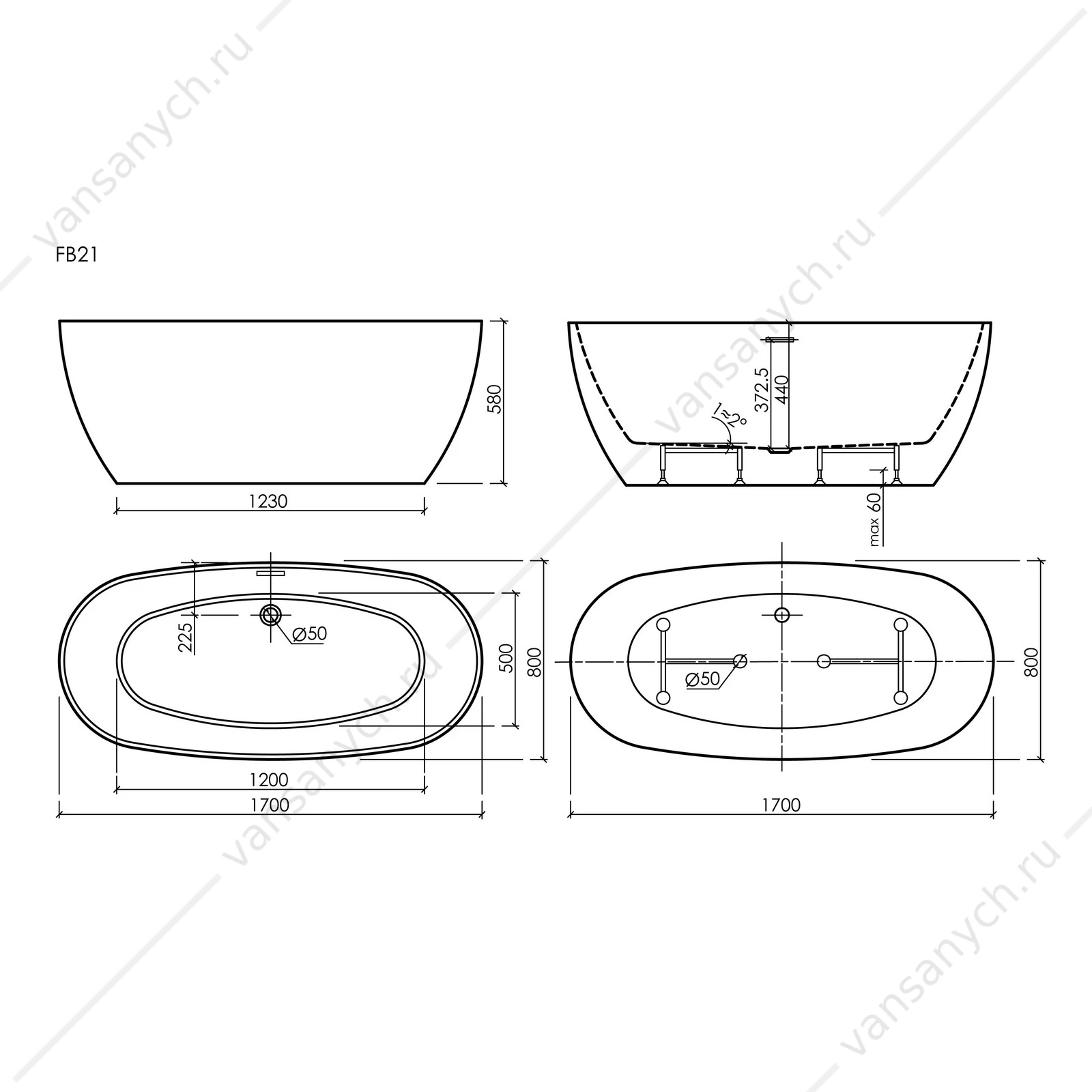 Ванна 170x80 Sancos Oval FB21 отдельностоящая овальная