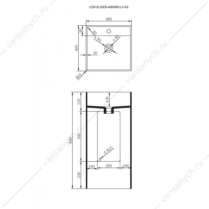 Раковина 40х40 напольная иск. камень SSolid Surface CEZARES CZR-SLIDER-400/850-LV-SS