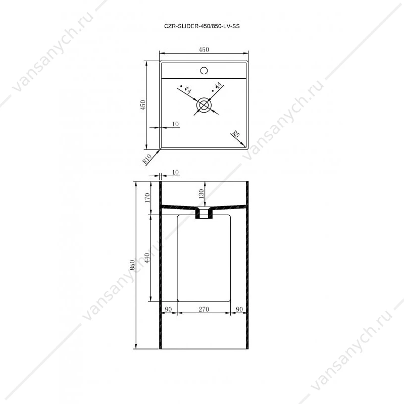 Раковина 45х45 напольная иск. камень SSolid Surface CEZARES CZR-SLIDER-450/850-LV-SS
