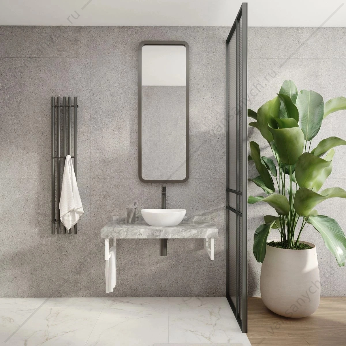 Столешница 100х50см керамогранит под раковину Watersense Eva W00289 серый мрамор