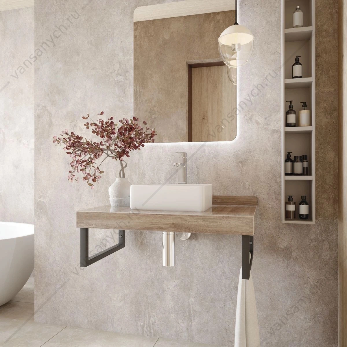 Столешница 80х50см керамогранит под раковину Watersense Eva W00297 дуб кашмир