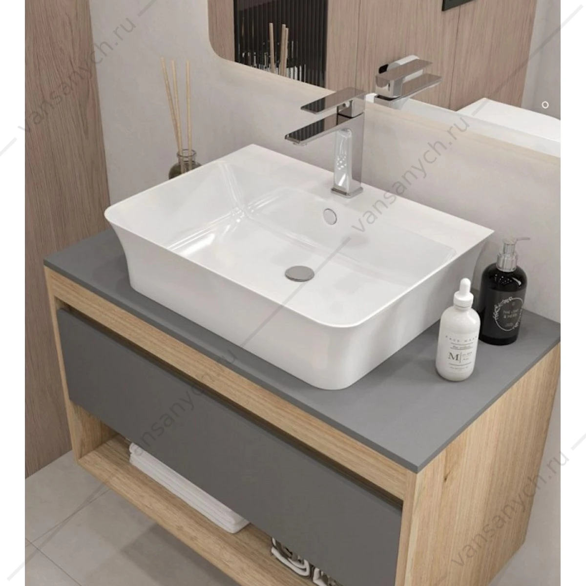 Раковина 56х41 накладная Watersense Alina 55 W00775 с полочкой под смеситель, белая