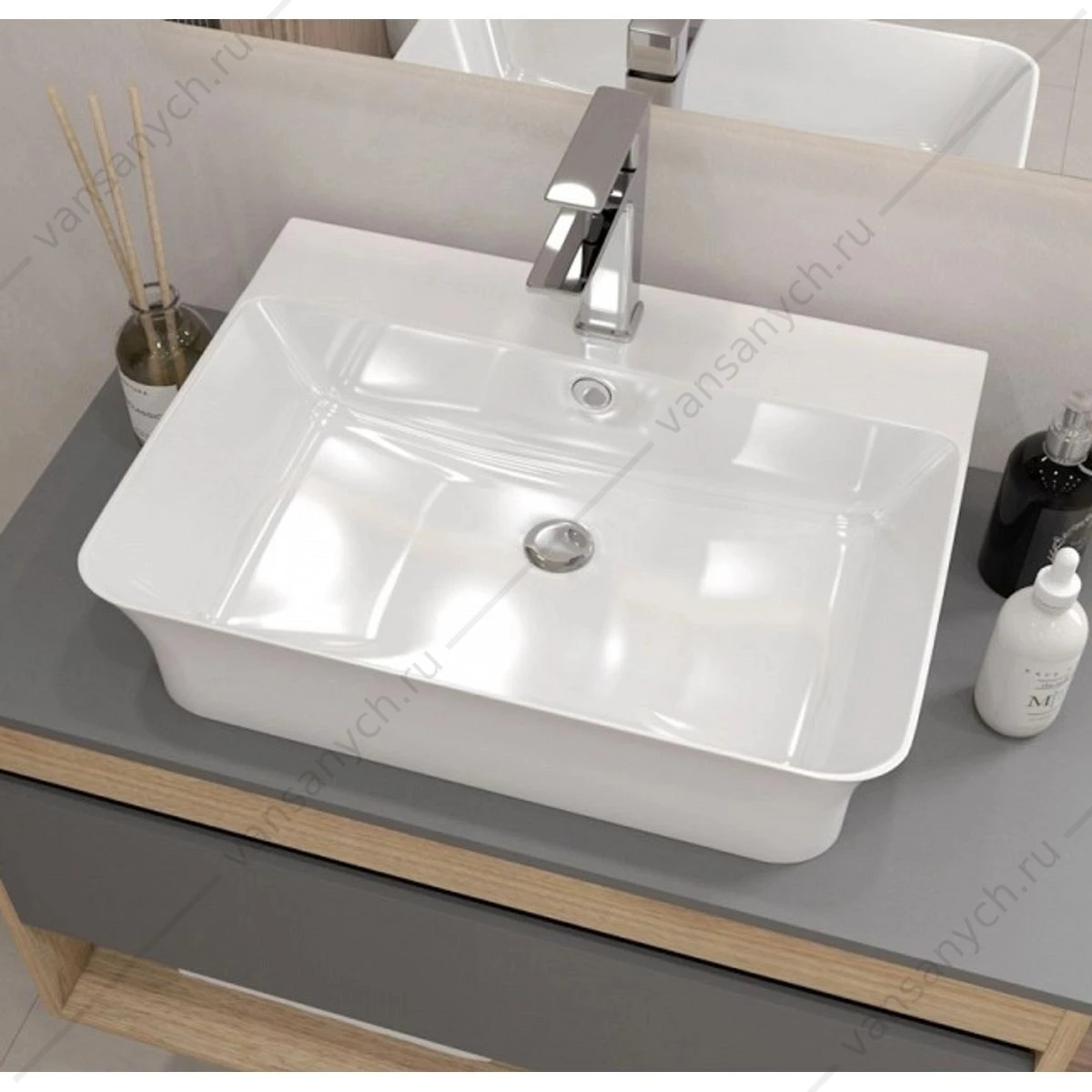 Раковина 56х41 накладная Watersense Alina 55 W00775 с полочкой под смеситель, белая