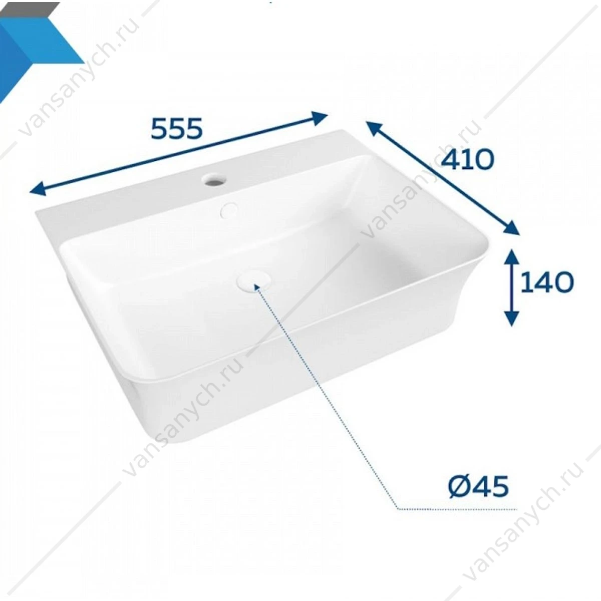 Раковина 56х41 накладная Watersense Alina 55 W00775 с полочкой под смеситель, белая