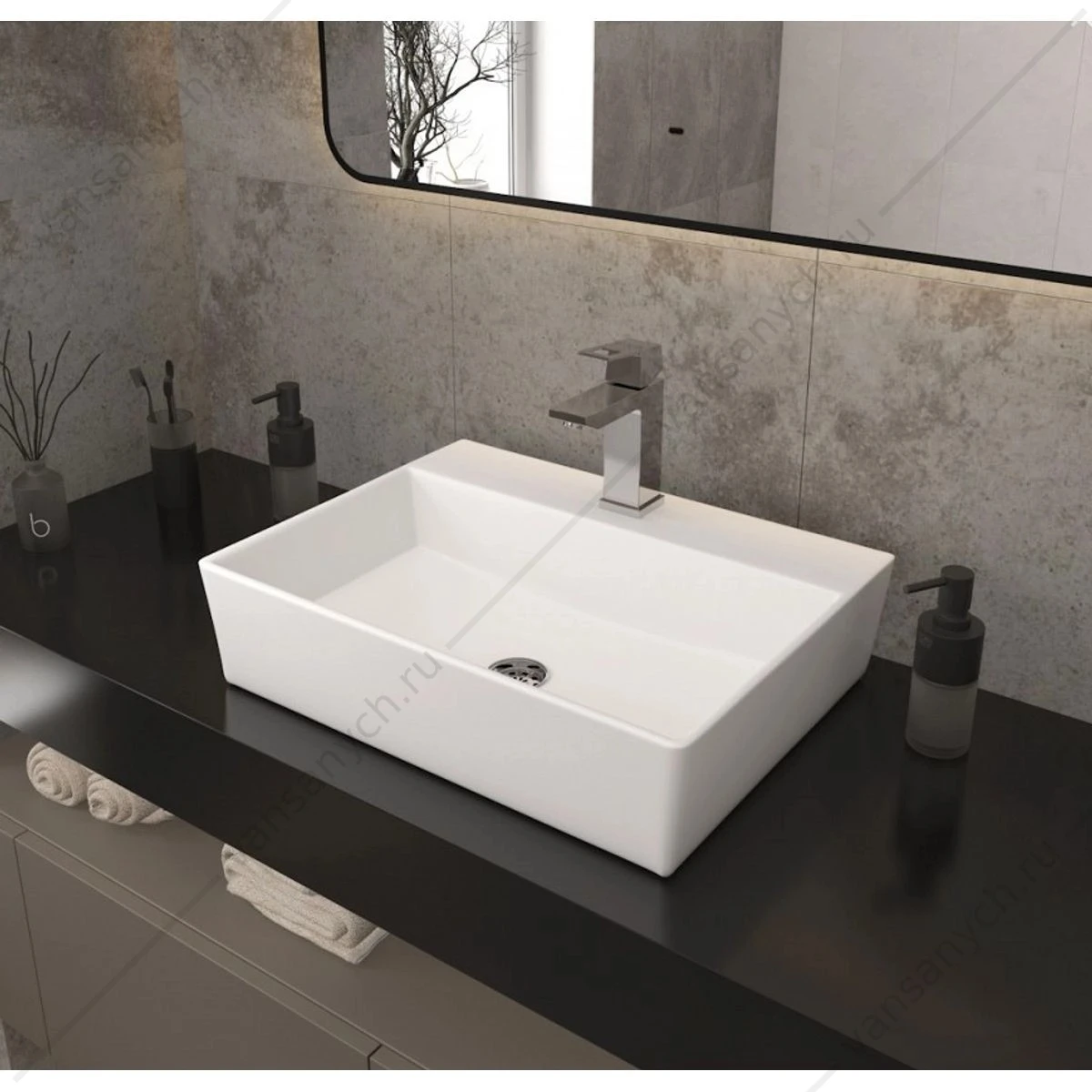 Раковина 57х43 накладная Watersense Alina 56 W00020 с полочкой под смеситель, белая