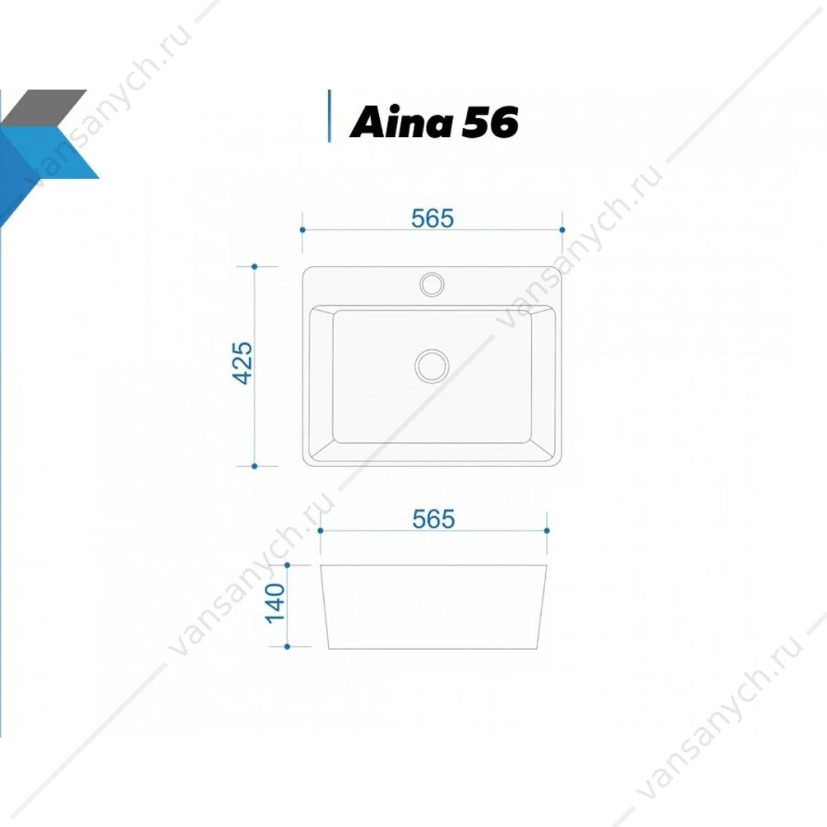 Раковина 57х43 накладная Watersense Alina 56 W00020 с полочкой под смеситель, белая