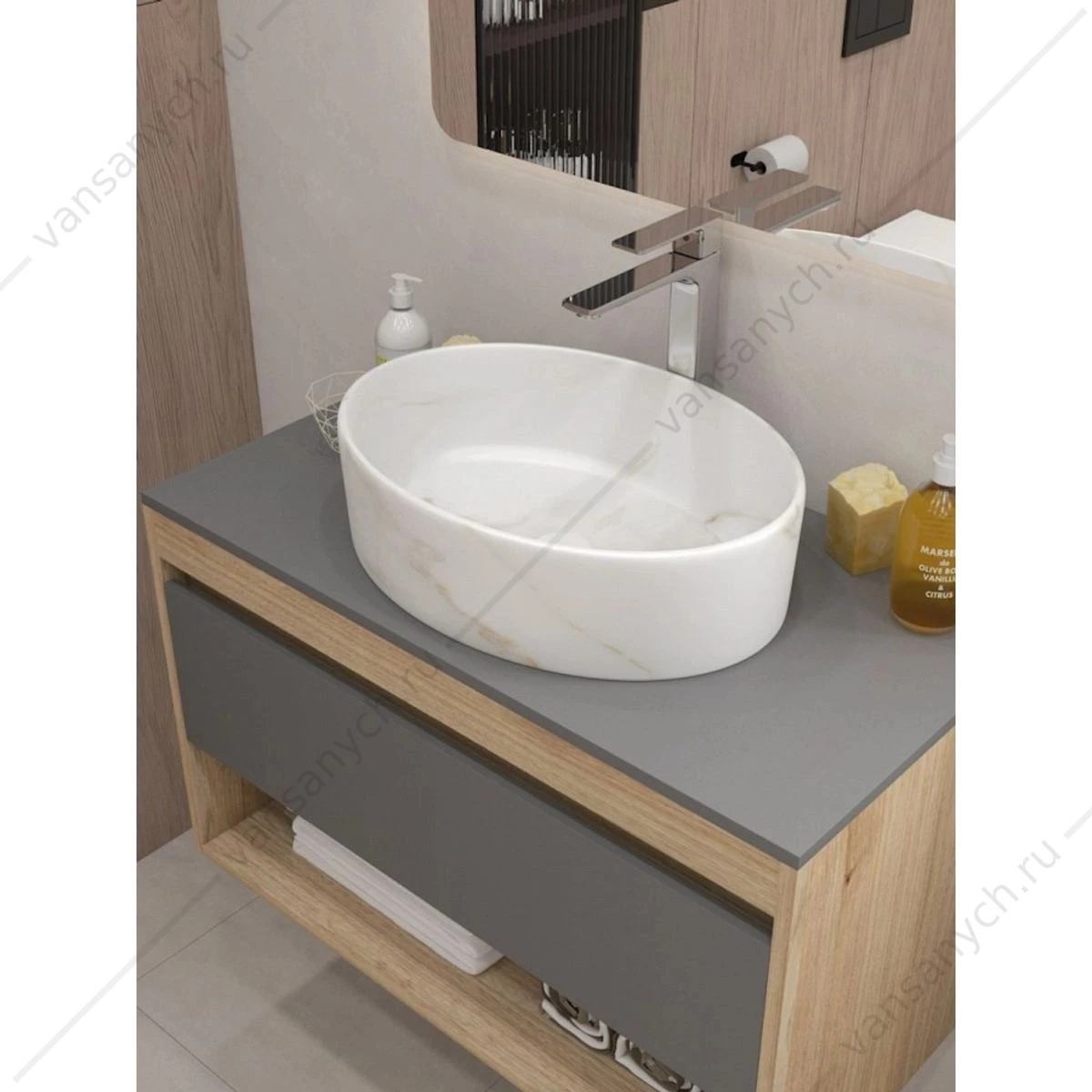 Раковина 51х36 накладная Watersense Amelia 50 W00770 мрамор белый матовый