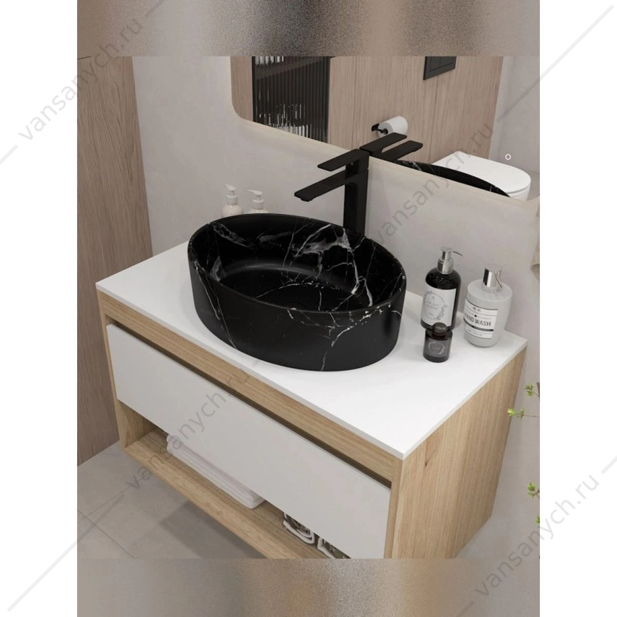 Раковина 51х36 накладная Watersense Amelia 50 W00771 мрамор черный матовый