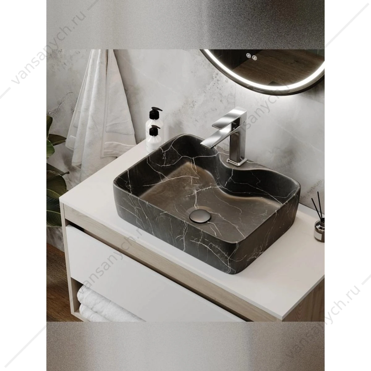 Раковина 48х37 накладная Watersense Eva S 48 W00753 с полочкой под смеситель, черный мрамор