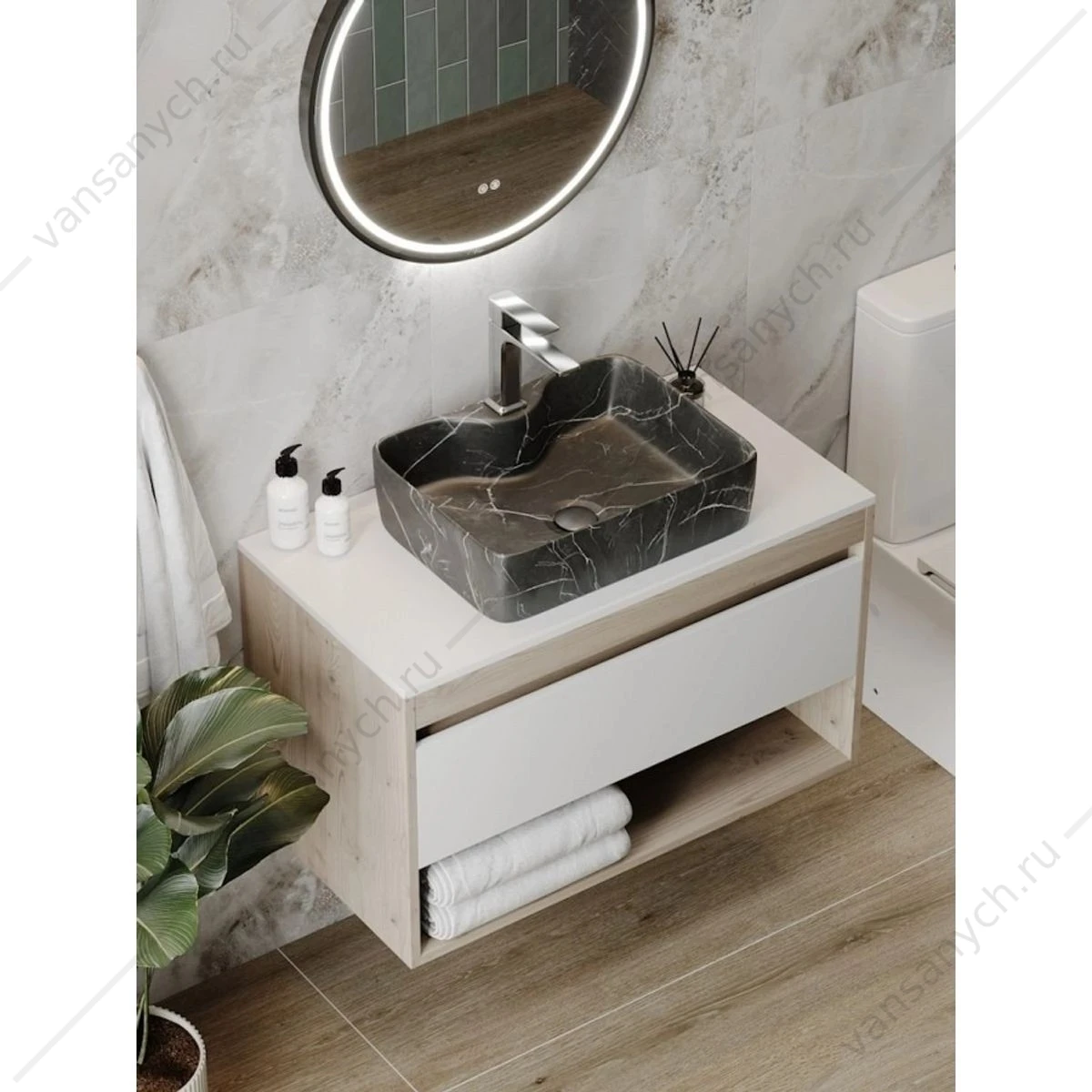 Раковина 48х37 накладная Watersense Eva S 48 W00753 с полочкой под смеситель, черный мрамор