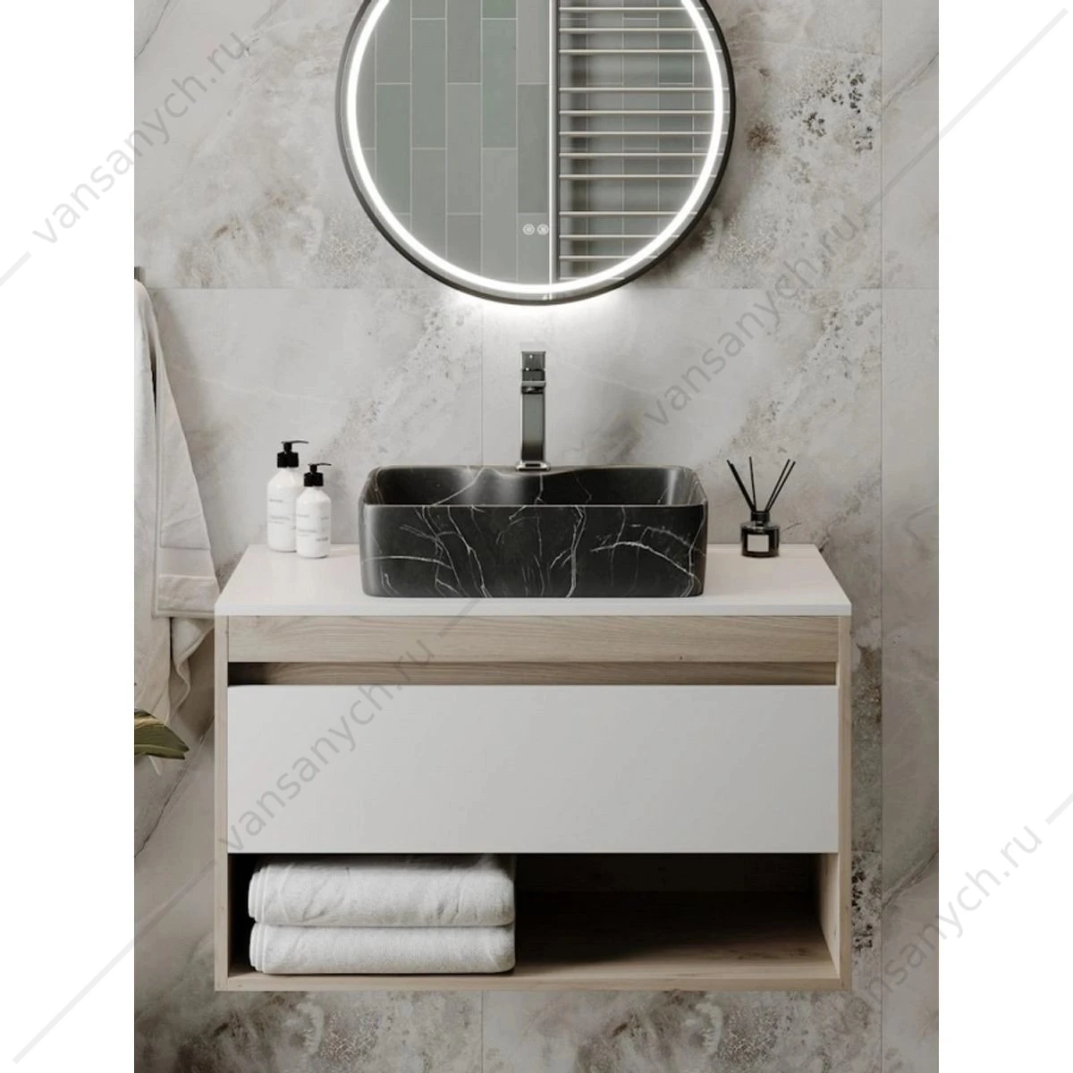 Раковина 48х37 накладная Watersense Eva S 48 W00753 с полочкой под смеситель, черный мрамор