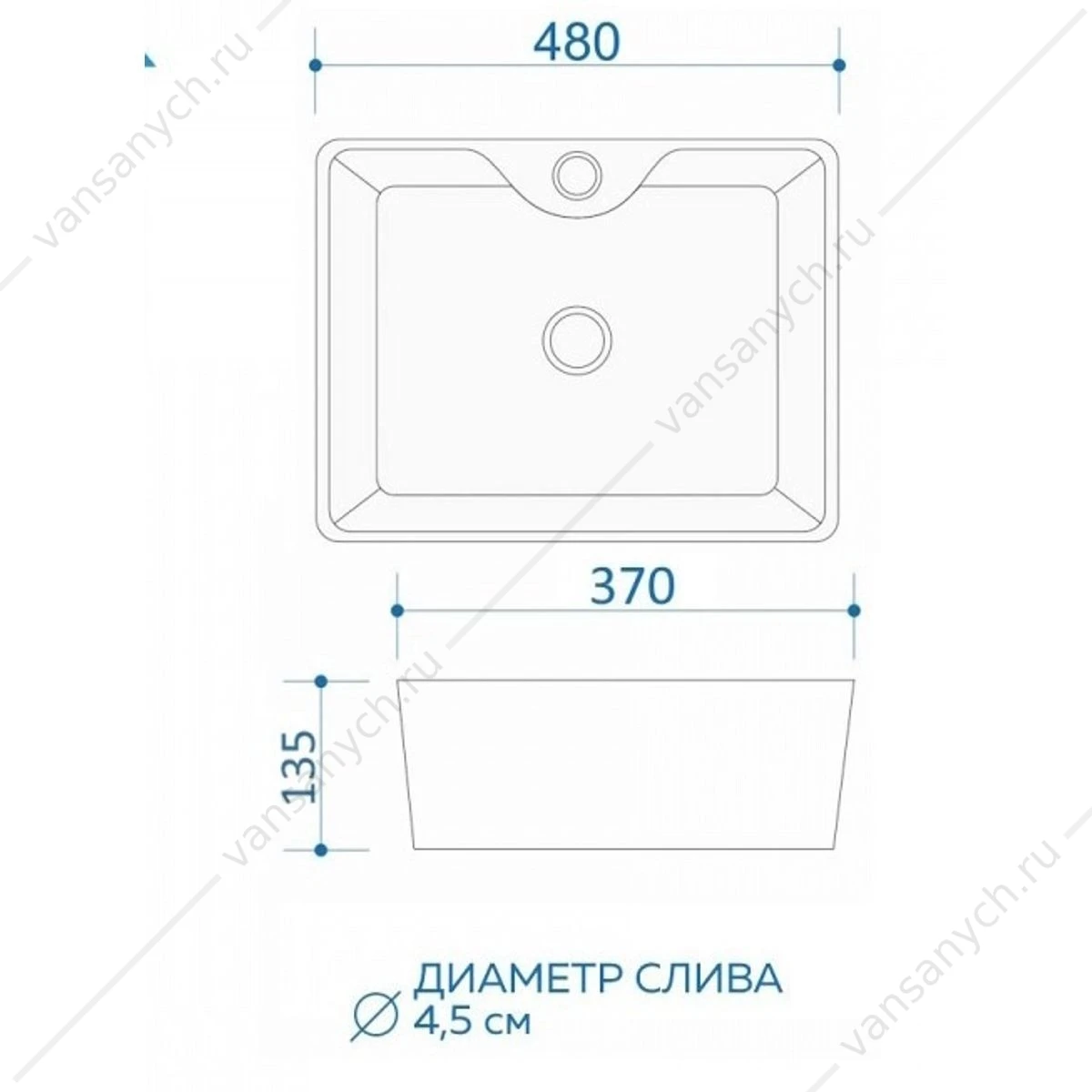 Раковина 48х37 накладная Watersense Eva S 48 W00753 с полочкой под смеситель, черный мрамор