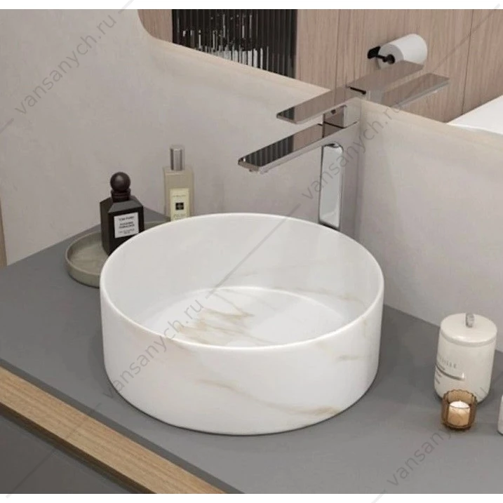 Раковина 36х36 накладная Watersense Milana D35 W00761 мрамор белый матовый
