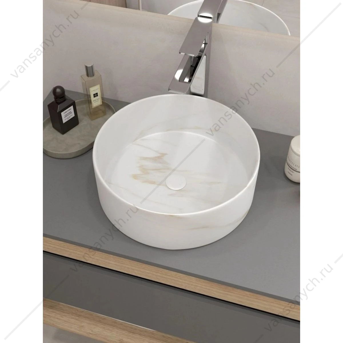 Раковина 36х36 накладная Watersense Milana D35 W00761 мрамор белый матовый