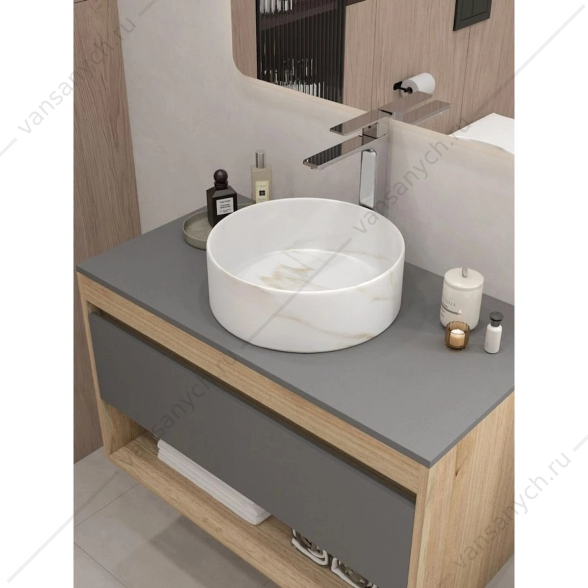Раковина 36х36 накладная Watersense Milana D35 W00761 мрамор белый матовый
