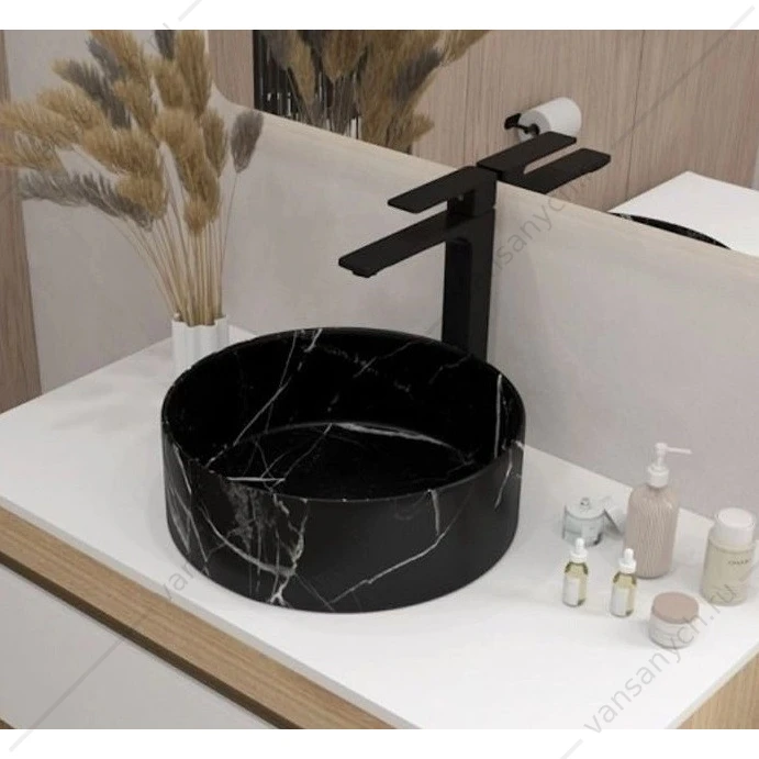 Раковина 36х36 накладная Watersense Milana D35 W00762 мрамор черный матовый