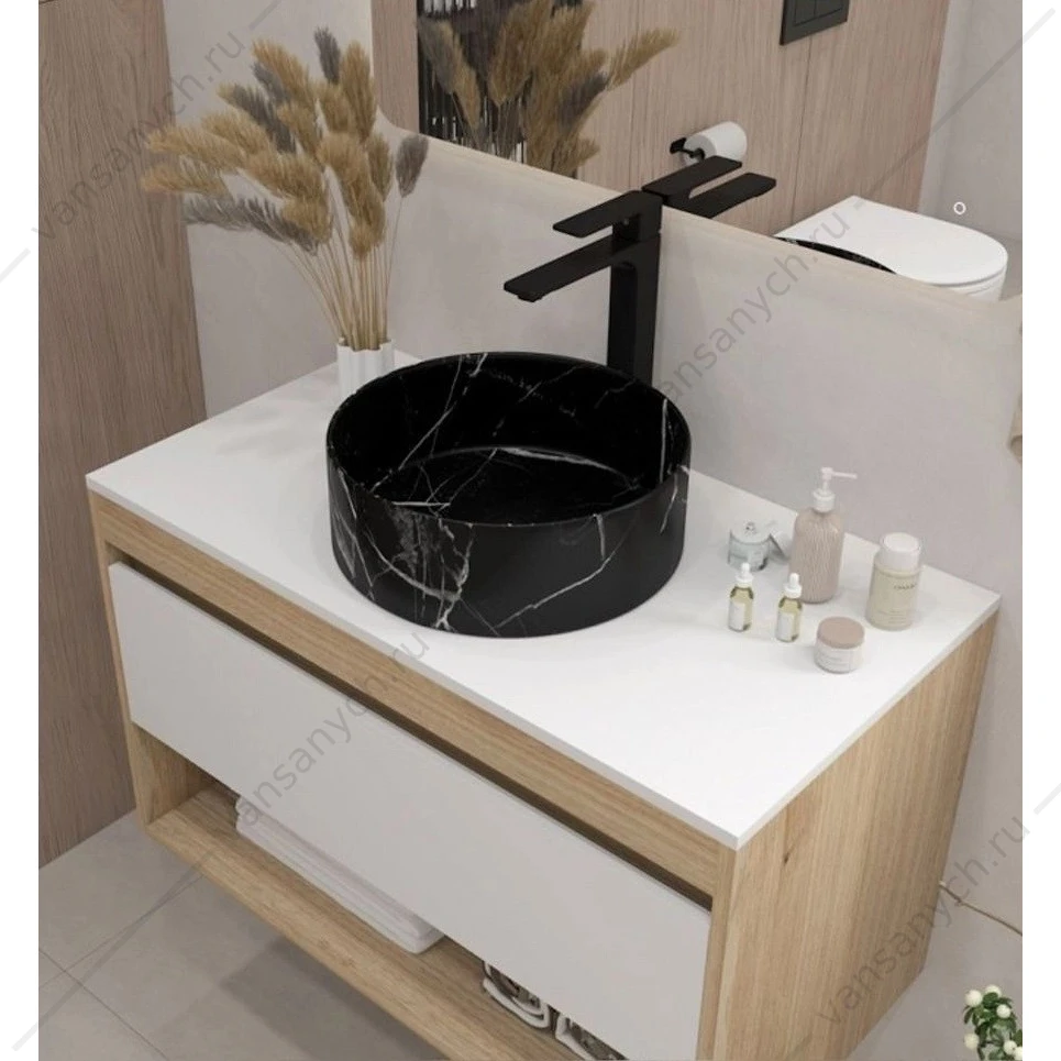 Раковина 36х36 накладная Watersense Milana D35 W00762 мрамор черный матовый