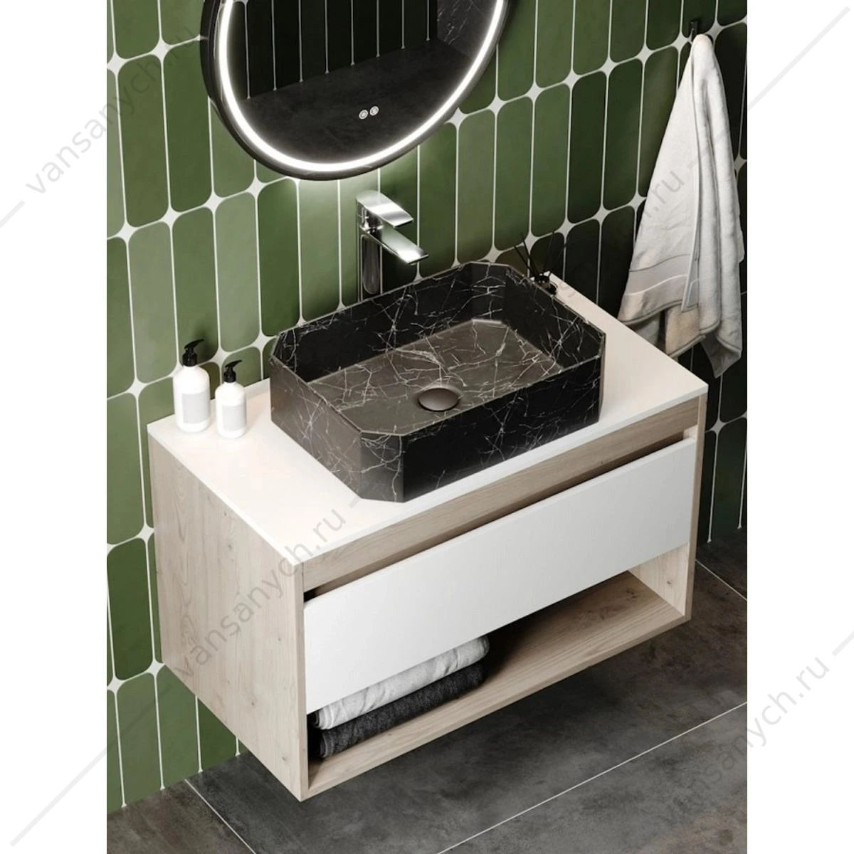Раковина 50х37 накладная Watersense Paula 50 W00754 черный мрамор