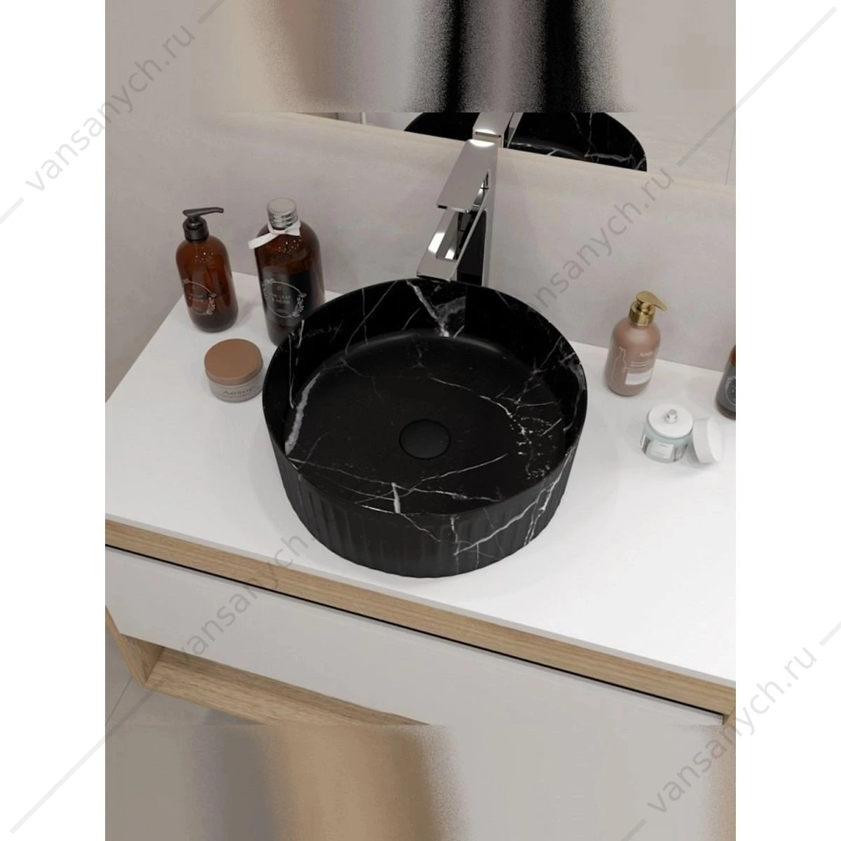 Раковина 37х37 накладная Watersense Paula D37 W00772 мрамор черный матовый
