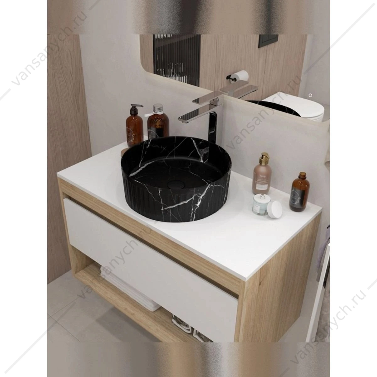 Раковина 37х37 накладная Watersense Paula D37 W00772 мрамор черный матовый