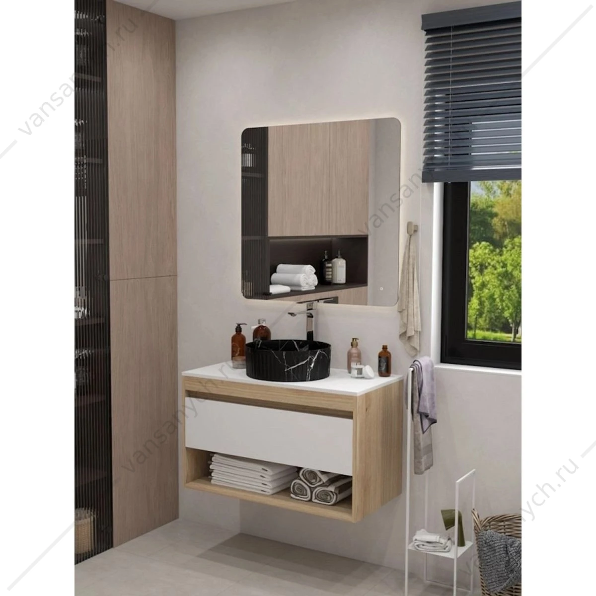 Раковина 37х37 накладная Watersense Paula D37 W00772 мрамор черный матовый
