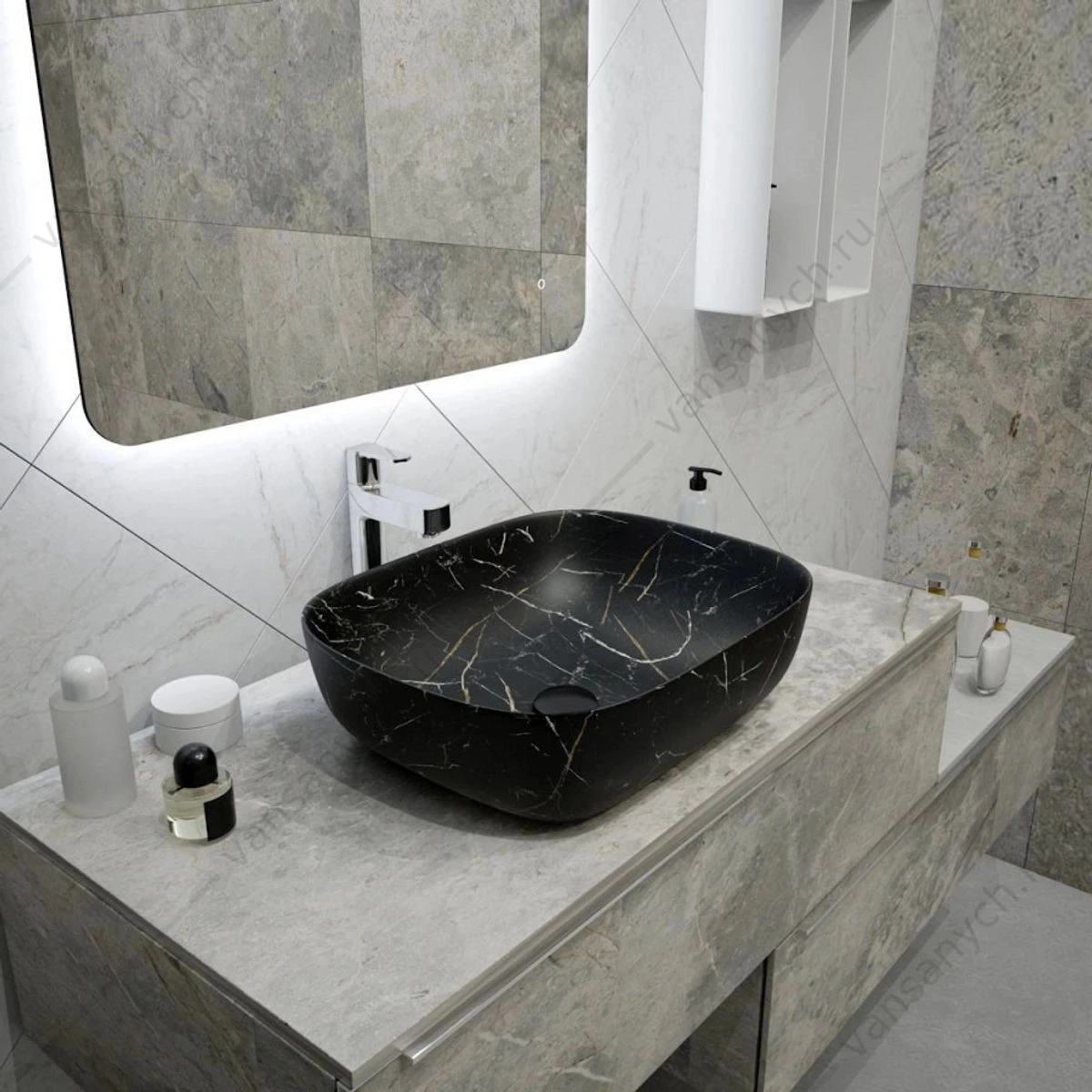 Раковина 49х40 накладная Watersense Rita 50 W00057 черный мрамор