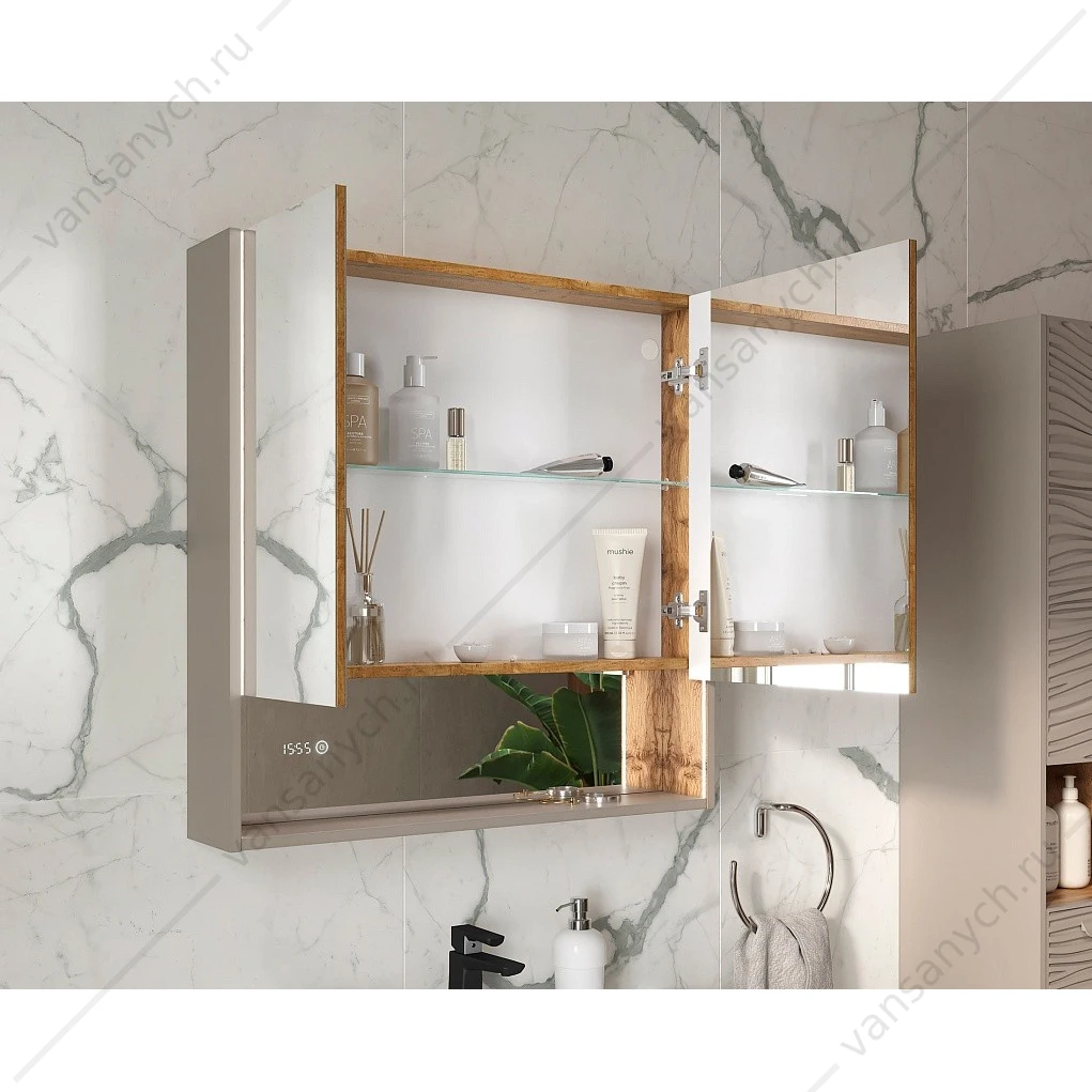 Шкаф 80 зеркальный EQUIL Gleam 80.2D szGLEAM.LED.80.2D-25, амарок/дуб вотан