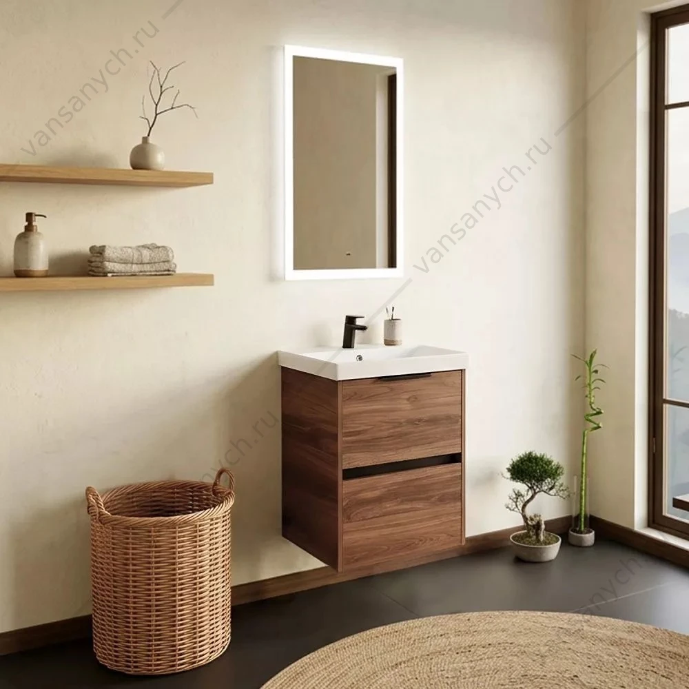 Тумба 50 с раковиной подвесная Comforty Селенга-50 Дуб тёмно-коричневый с раковиной CF19696BX-50, 00-00022008CF