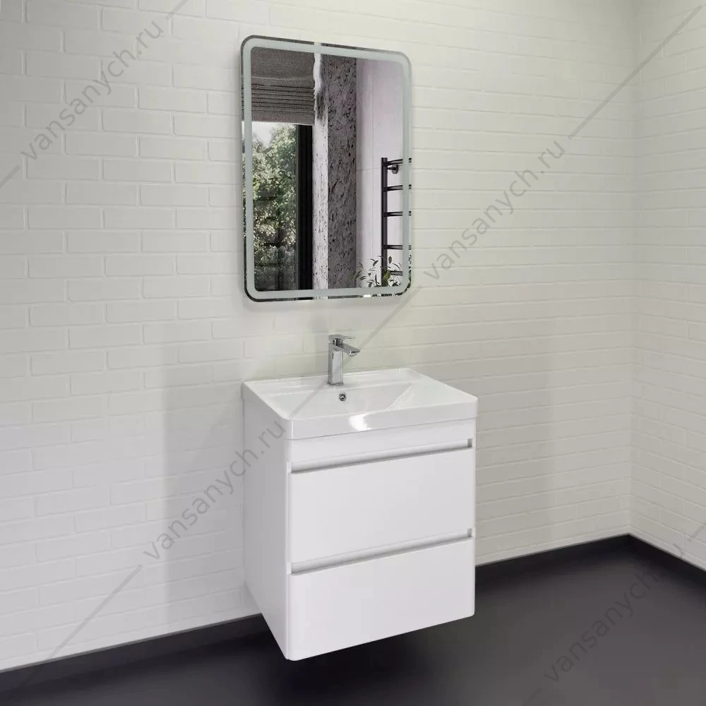 Тумба 60 с раковиной подвесная Comforty Енисей-60П2 белый гл. раковина 4460, 00-00021337CF