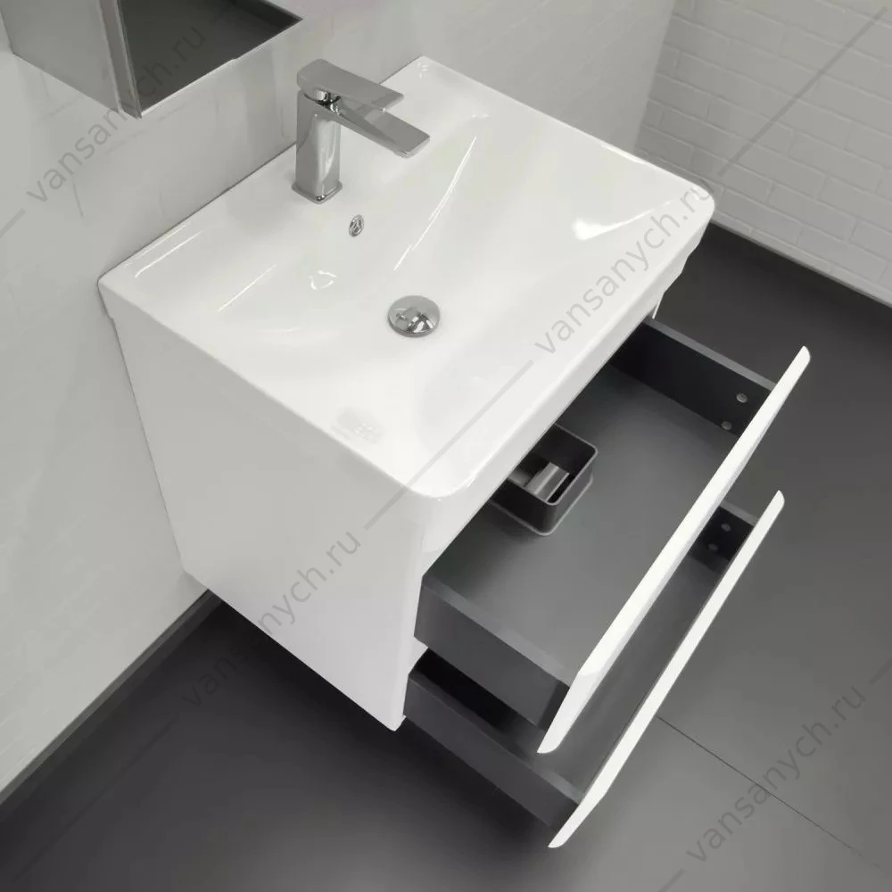 Тумба 60 с раковиной подвесная Comforty Енисей-60П2 белый гл. раковина 4460, 00-00021337CF