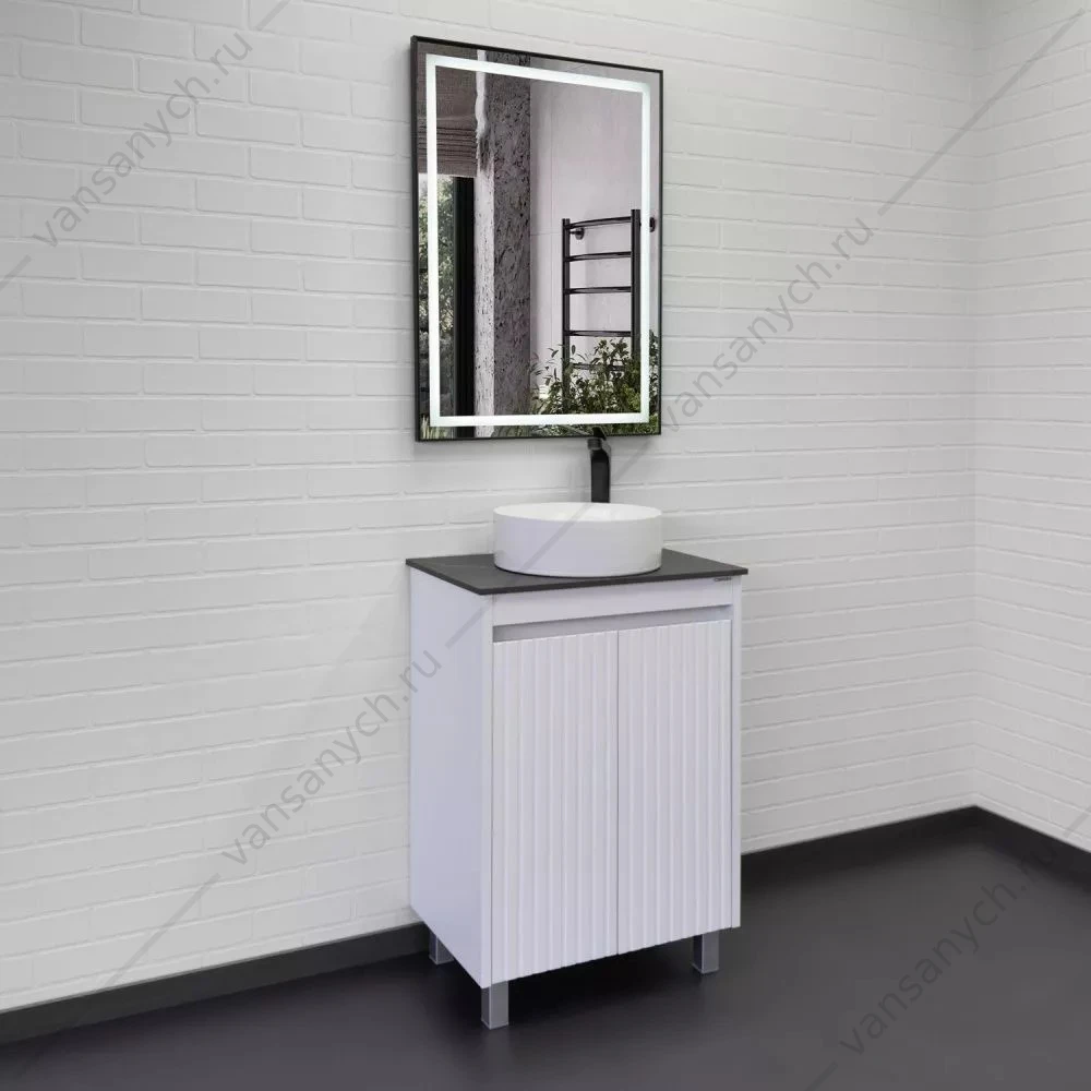 Тумба 60 с раковиной напольная Comforty Двина-60ПД белая мат. столешница мрамор Калакатта Блэк, раковина 9111, 00-00019598CF