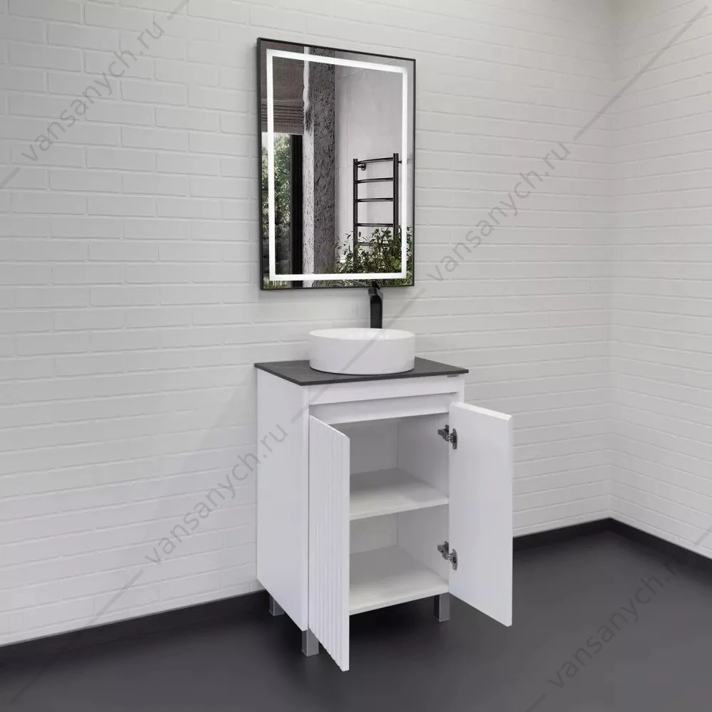 Тумба 60 с раковиной напольная Comforty Двина-60ПД белая мат. столешница мрамор Калакатта Блэк, раковина 9111, 00-00019598CF