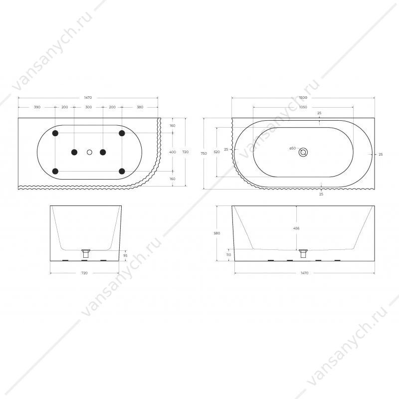Ванна 170х80 пристенная угловая BelBagno акриловая  белая BB714 BB714-1700-800-R ПРАВАЯ