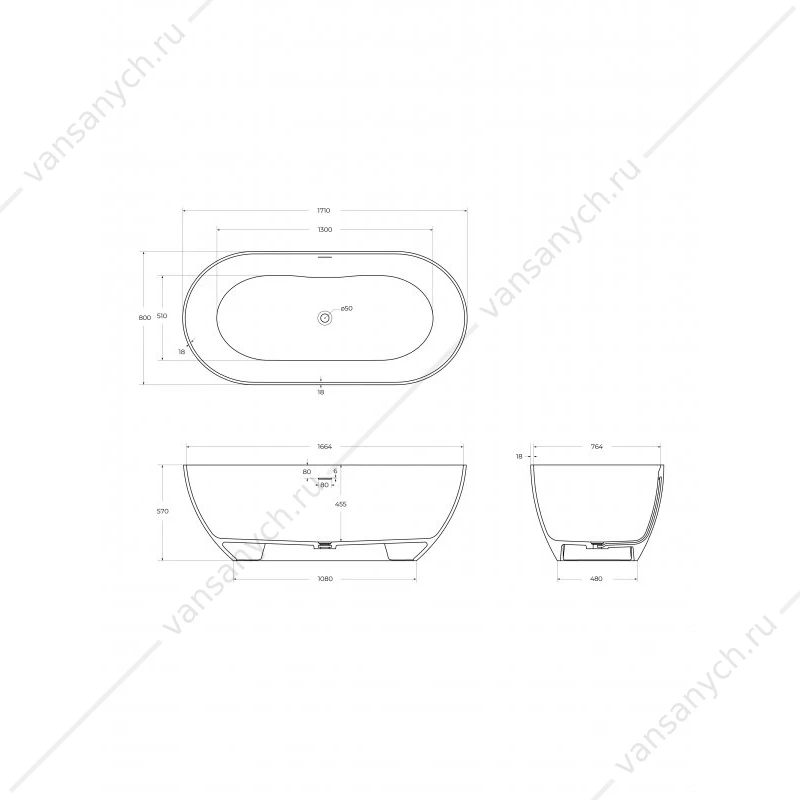 Ванна 170х80 отдельностоящая из иск. камня Solid Surface BelBagno ETNA BB-ETNA-170-80-58-SSB