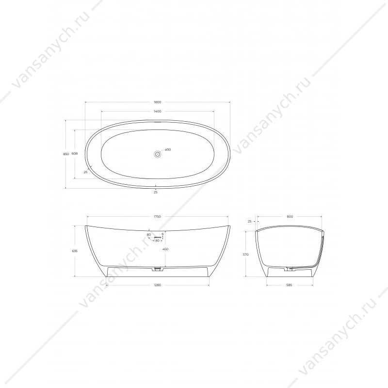Ванна 180х85 отдельностоящая из иск. камня Solid Surface BelBagno UNIQUE, BB-UNIQUE-180-85-64-SSB
