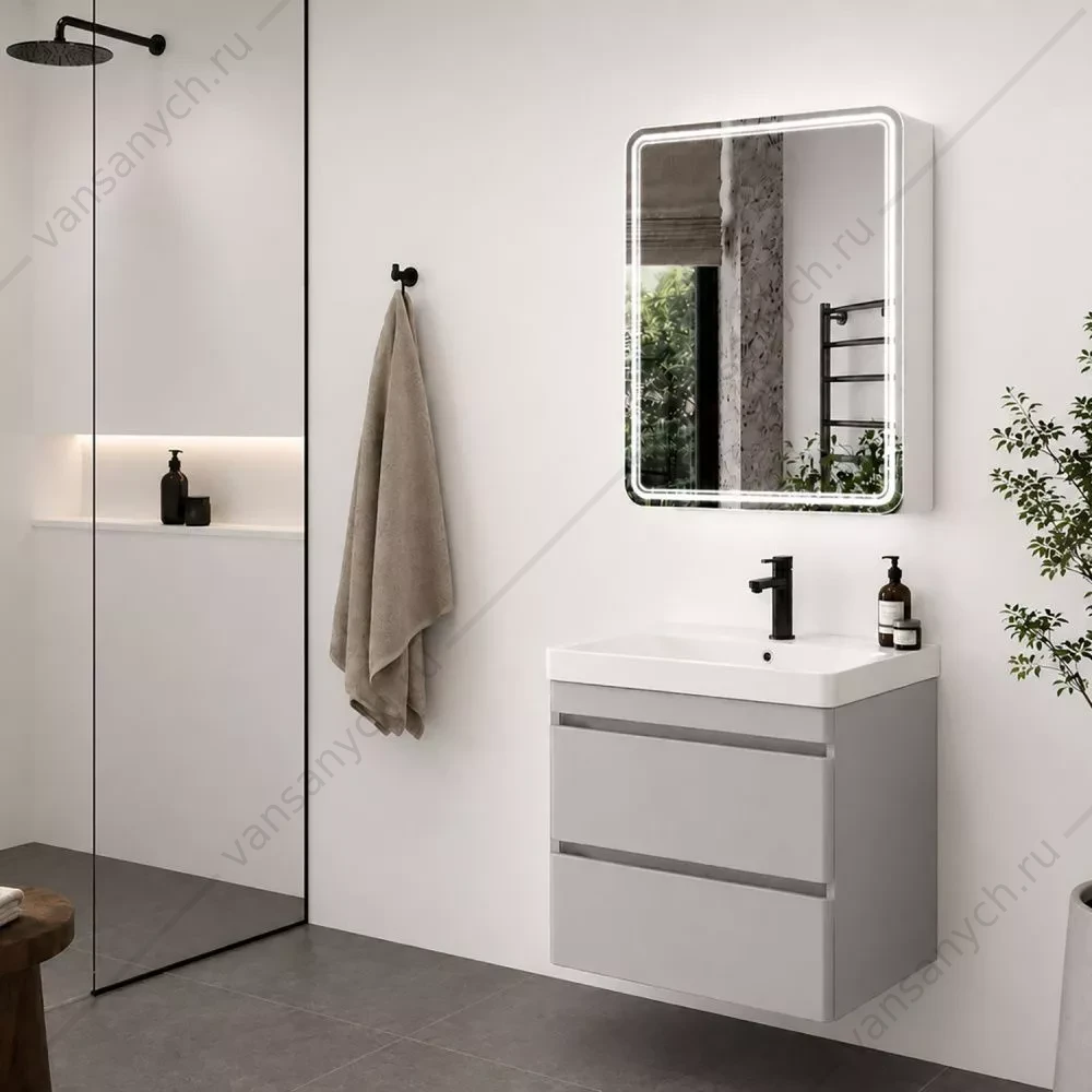 Тумба-умывальник подвесная Comforty Енисей-60П2 серый шелк с раковиной 4460